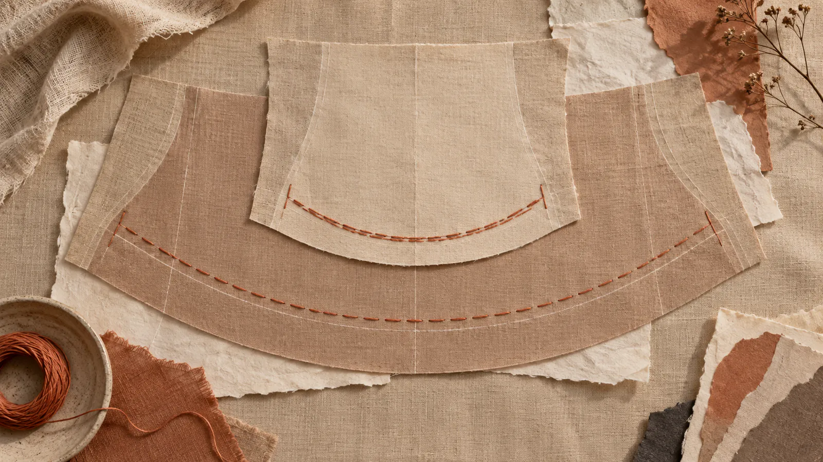 Abstract textile planning map contrasting a short lower arc with a wider abdominal arc