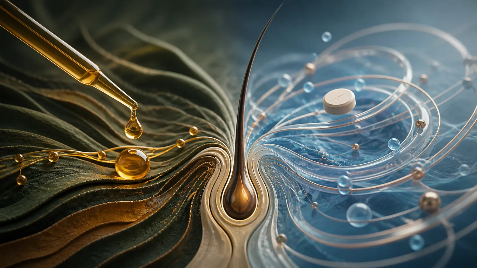 A topical scalp pathway and a systemic oral pathway converging only after a documented hair-loss diagnosis