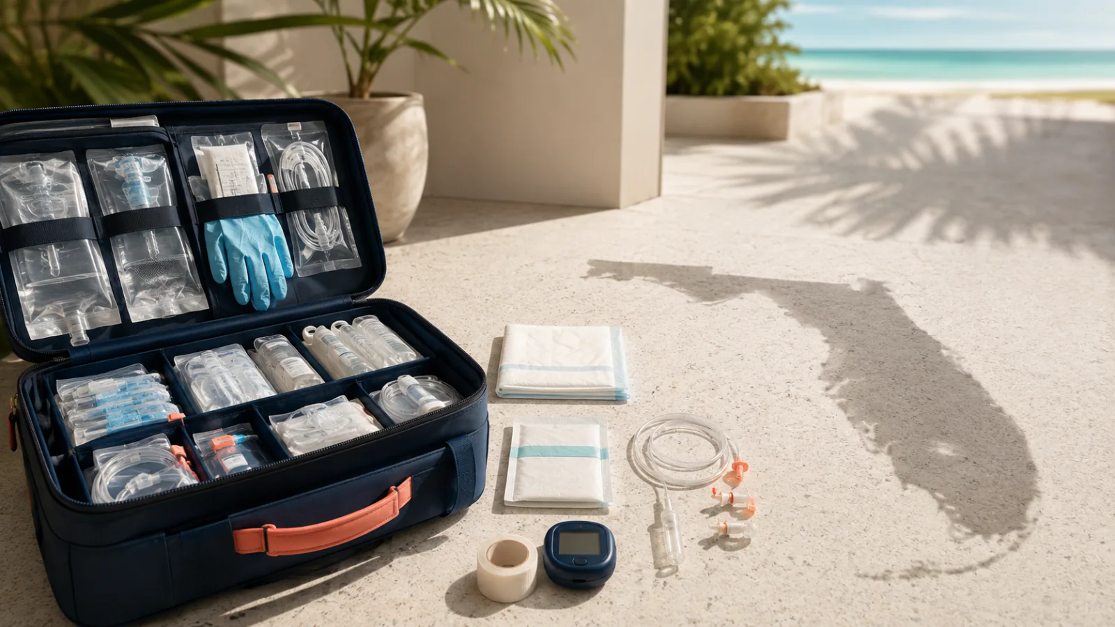 Organized mobile clinical case beside an abstract coastal map in warm light