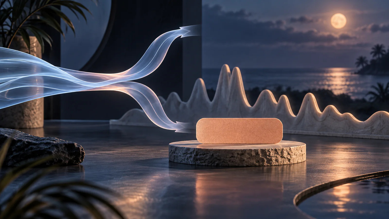 Moonlit airflow paths, mouth-seal symbol, nasal fork, and sleep-study waveforms