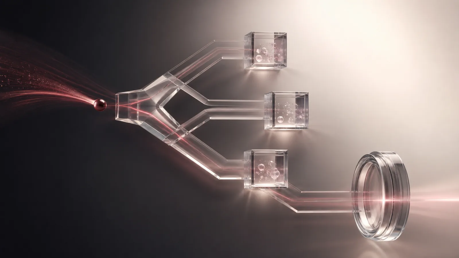 A deep-red glass signal branching through clear pathways, with one route continuing to a separate diagnostic lens