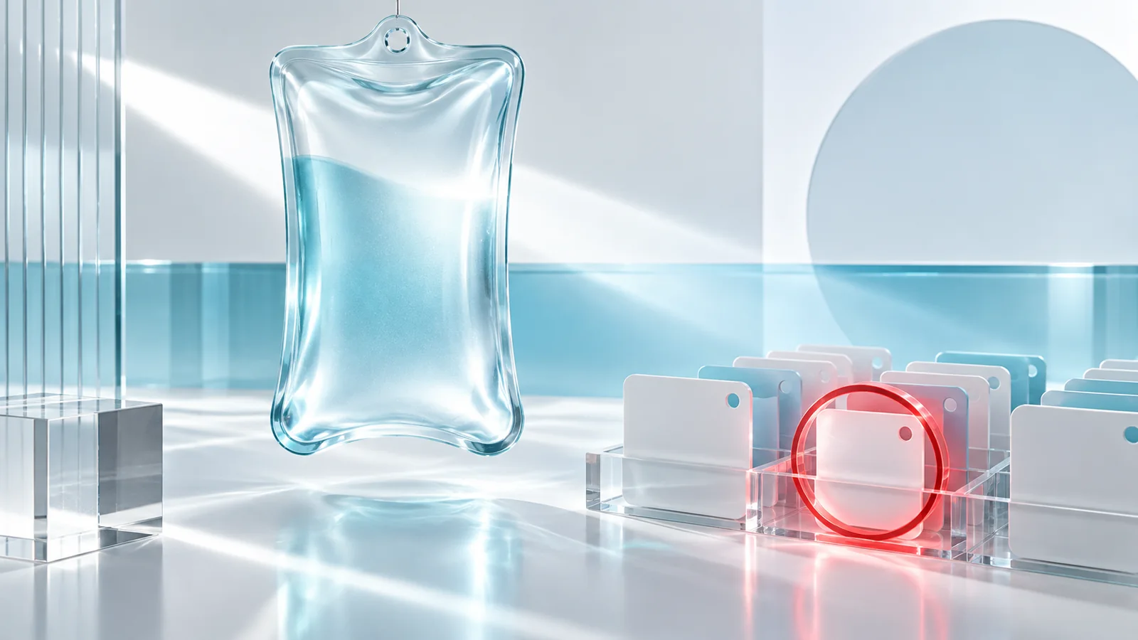 Unbranded infusion bag silhouette with formula, lot, evidence, and bounded recall pathways
