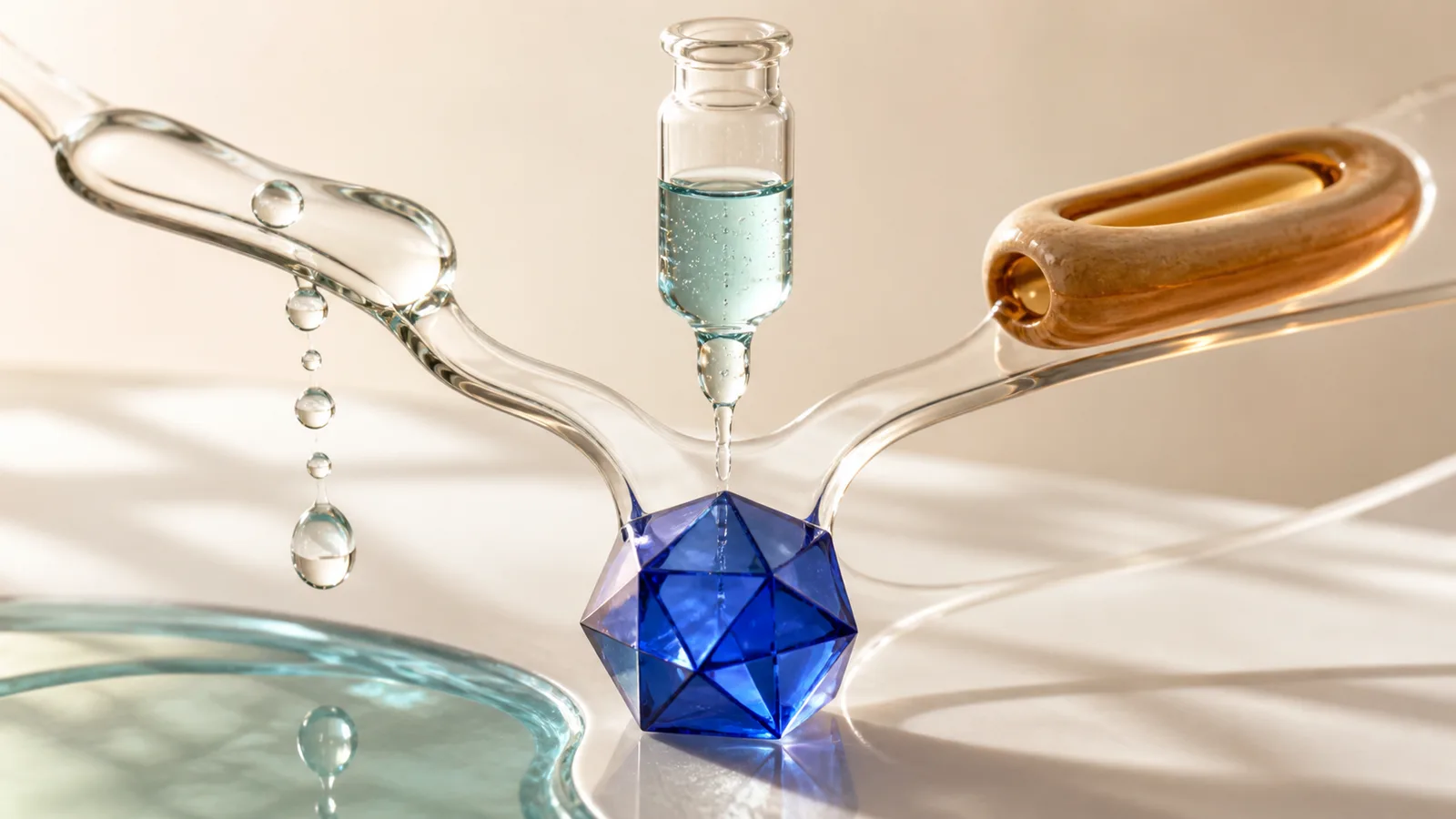 Three abstract glass delivery paths converging around a cobalt geometric form