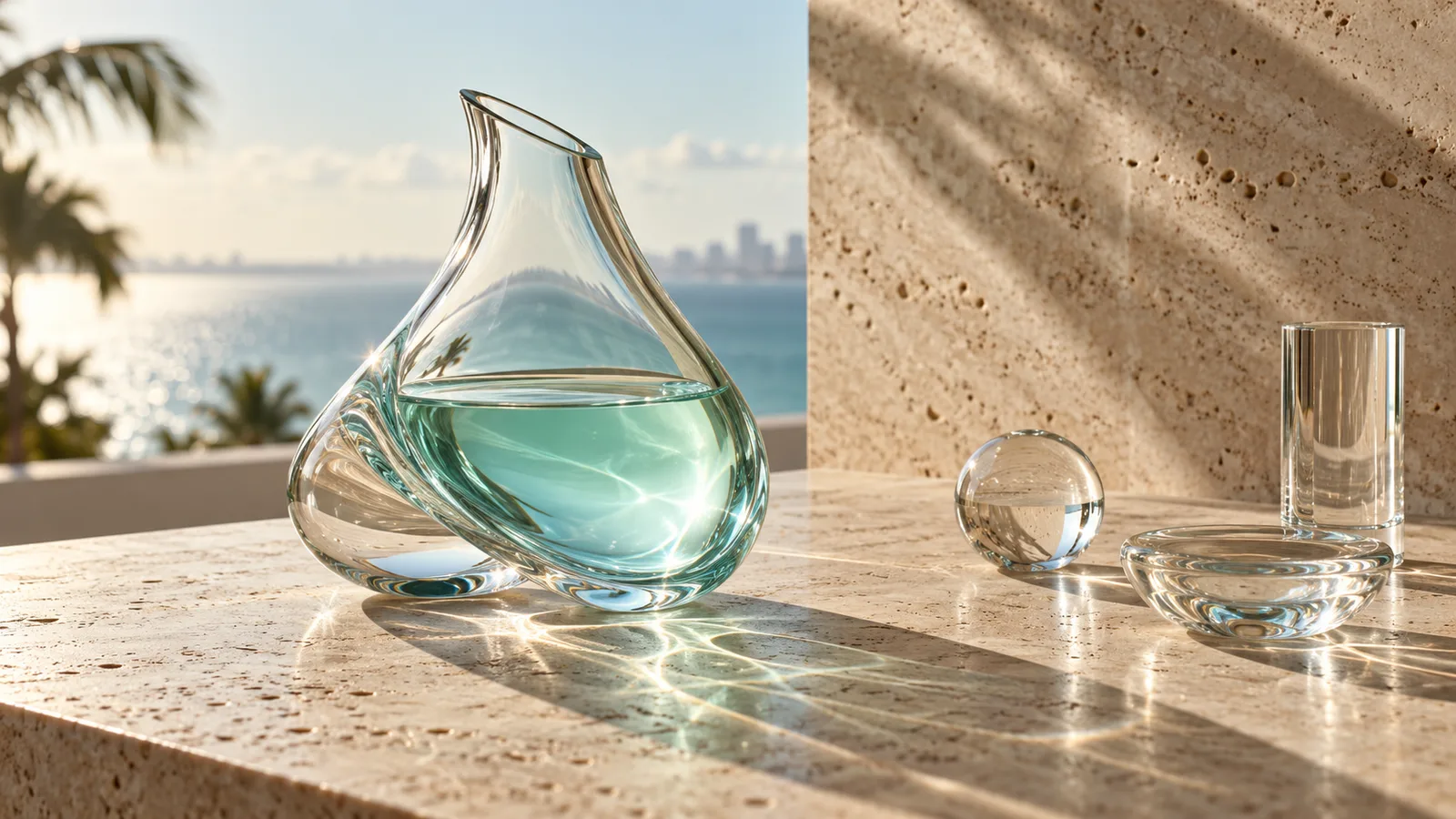 Separate clear glass components beside a pale aqua vessel on travertine