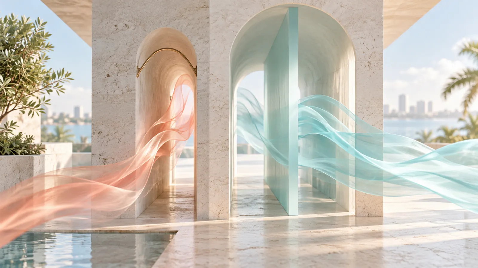 Two architectural airflow passages showing a central divider and a narrowing sidewall valve