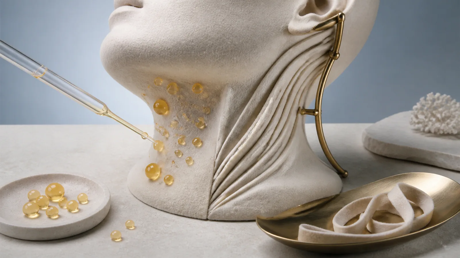 Abstract neck contour divided into fat, skin, and muscle layers with two treatment paths