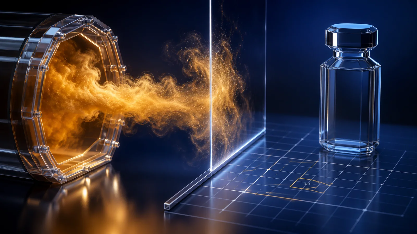 Pressurized amber plume halted at a transparent safety boundary beside a sealed filler vial silhouette