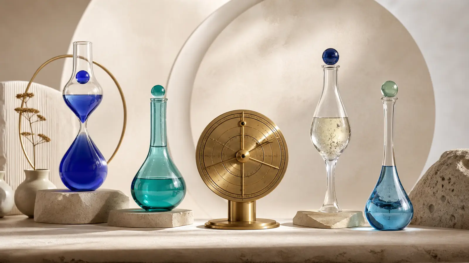 Four distinct glass vessels arranged around a brass calibration dial