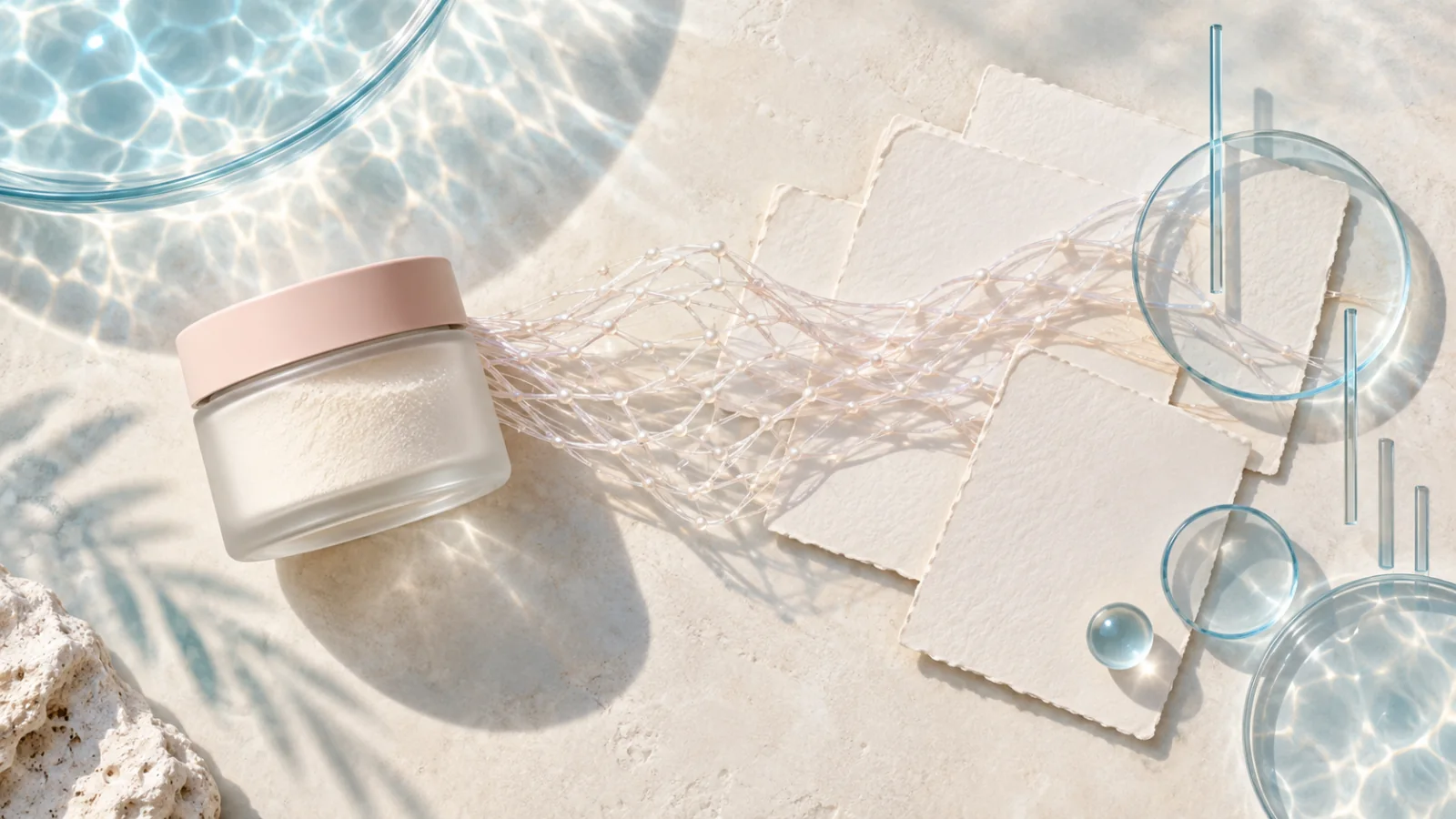 Collagen peptide jar beside layered study cards and skin measurement instruments