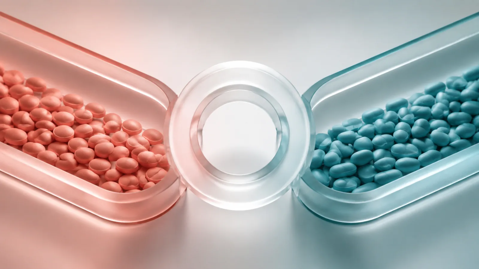 Two unmarked oral dose forms in separate frosted glass channels meeting at a neutral center