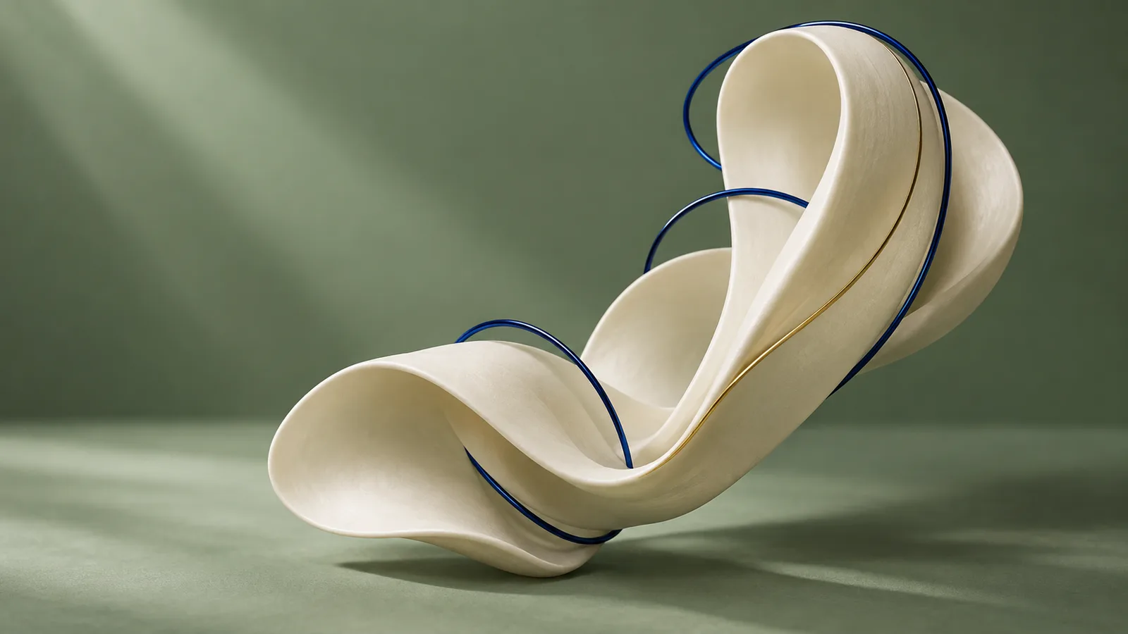Folded ivory cartilage forms held by fine cobalt arcs in an abstract ear-surgery study