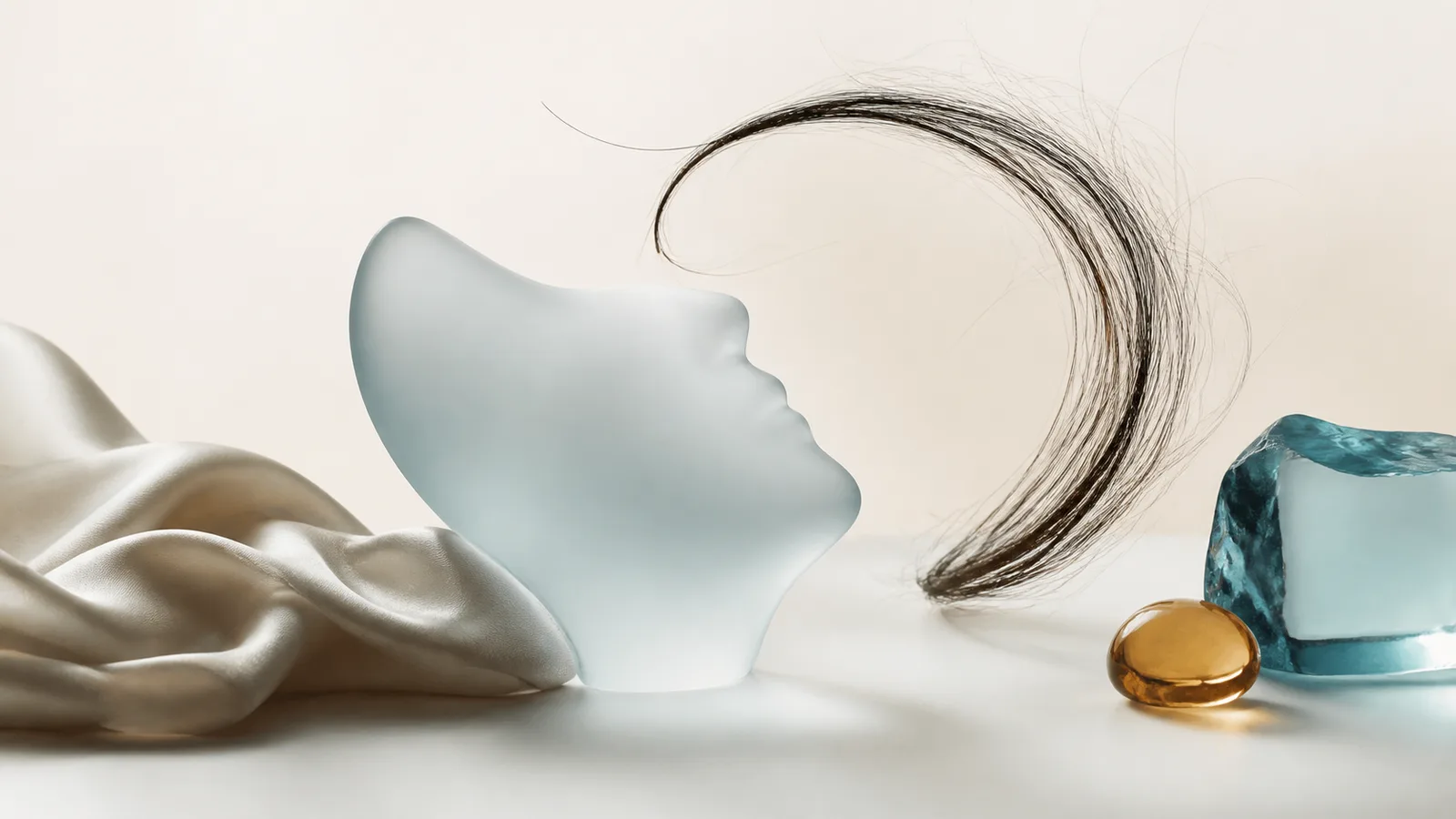Abstract glass facial contour, folded silk, and an arc of fine fibers representing separate post-weight-loss changes