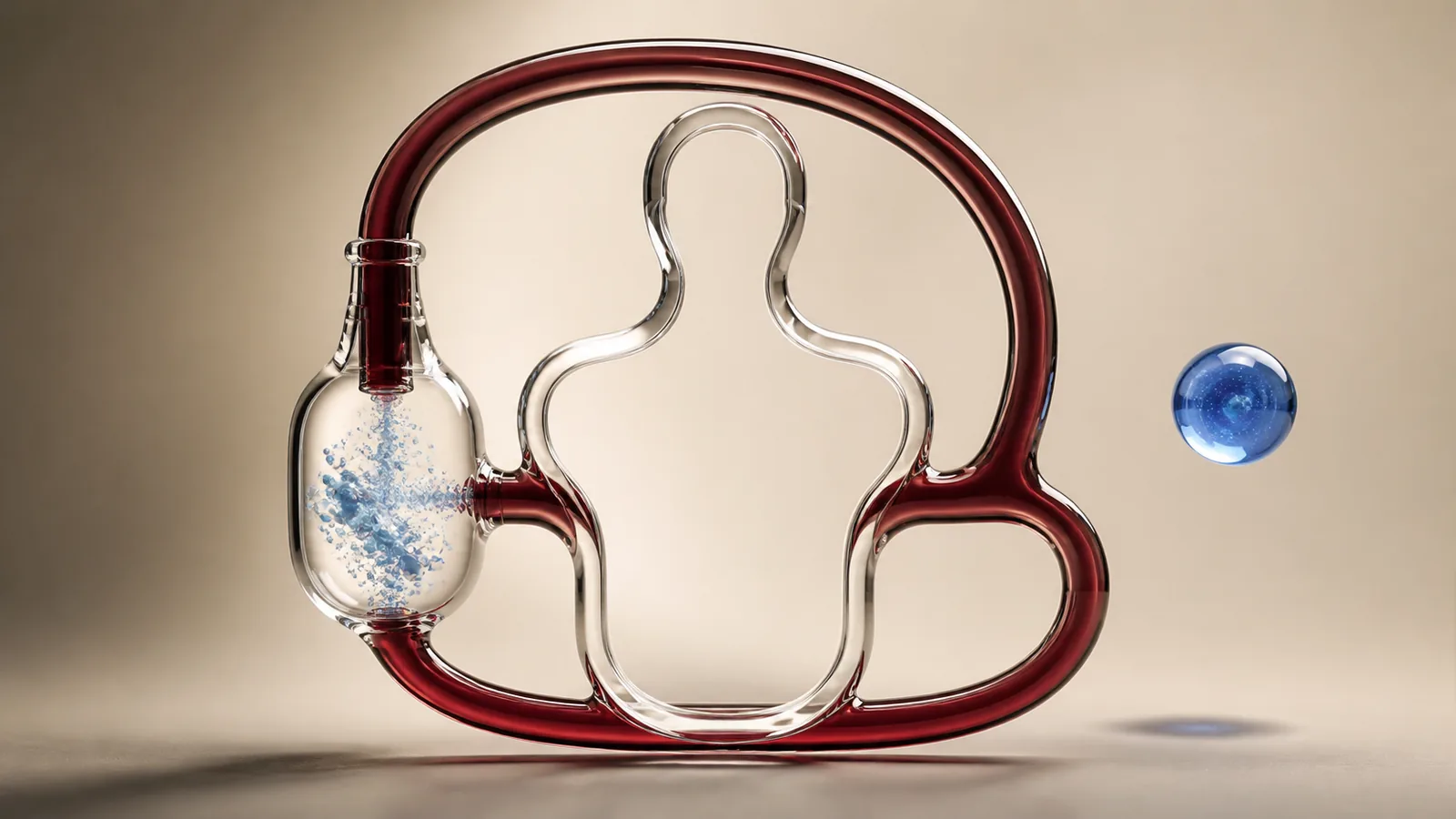 A closed burgundy glass loop passing outside a clear human-shaped void through a separate bubble chamber