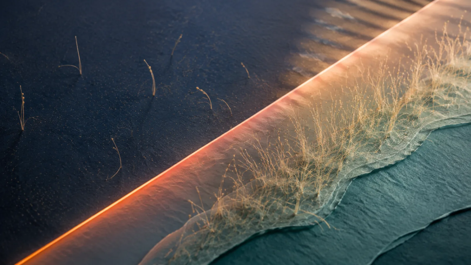 Hair-like fibers becoming denser along the boundary of an abstract light-treatment field