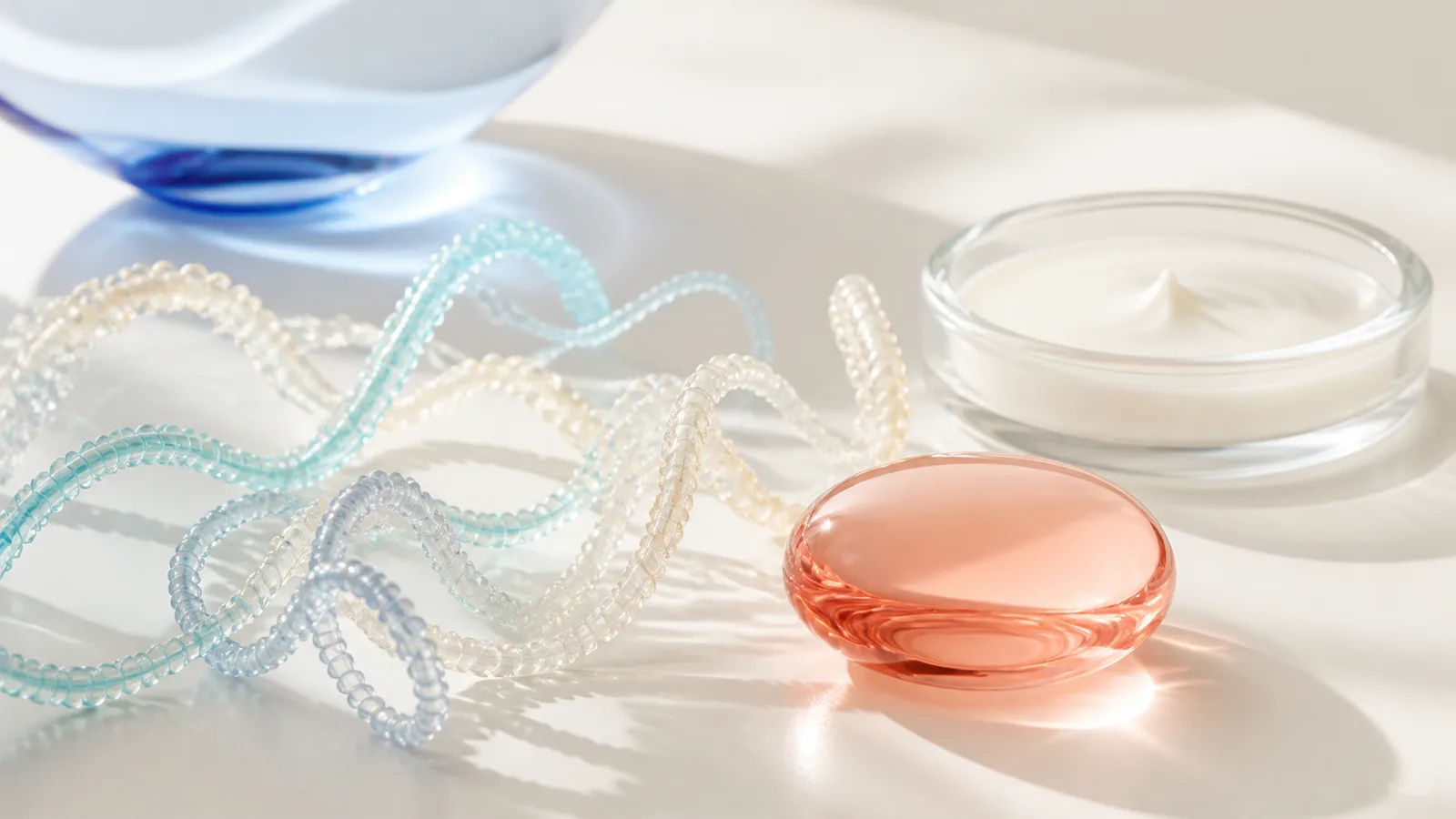 Pearlescent abstract strands, a coral glass pebble, and an unlabeled cream dish