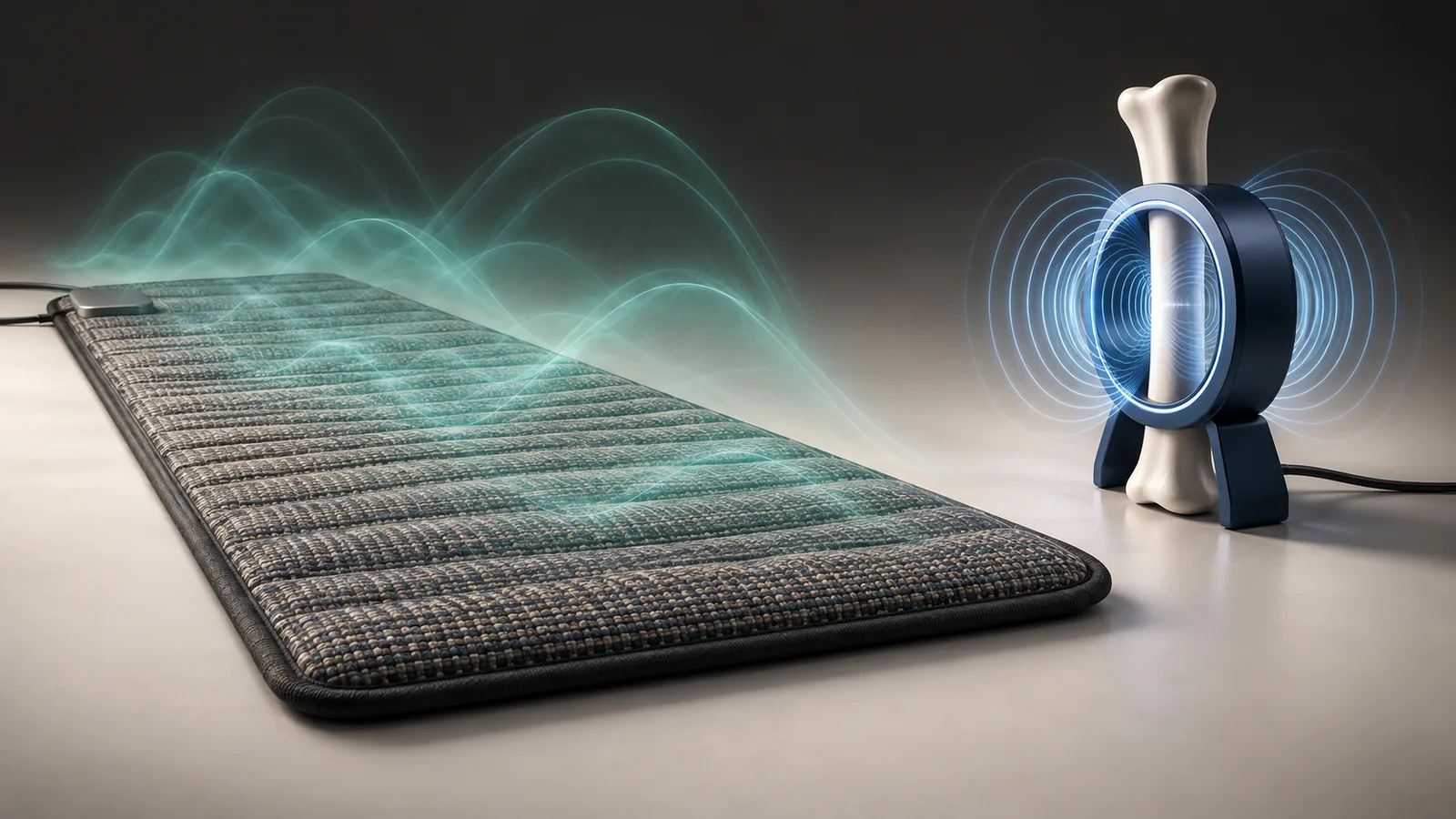 A broad wave field from a generic wellness mat contrasted with a precise prescription bone-stimulator loop