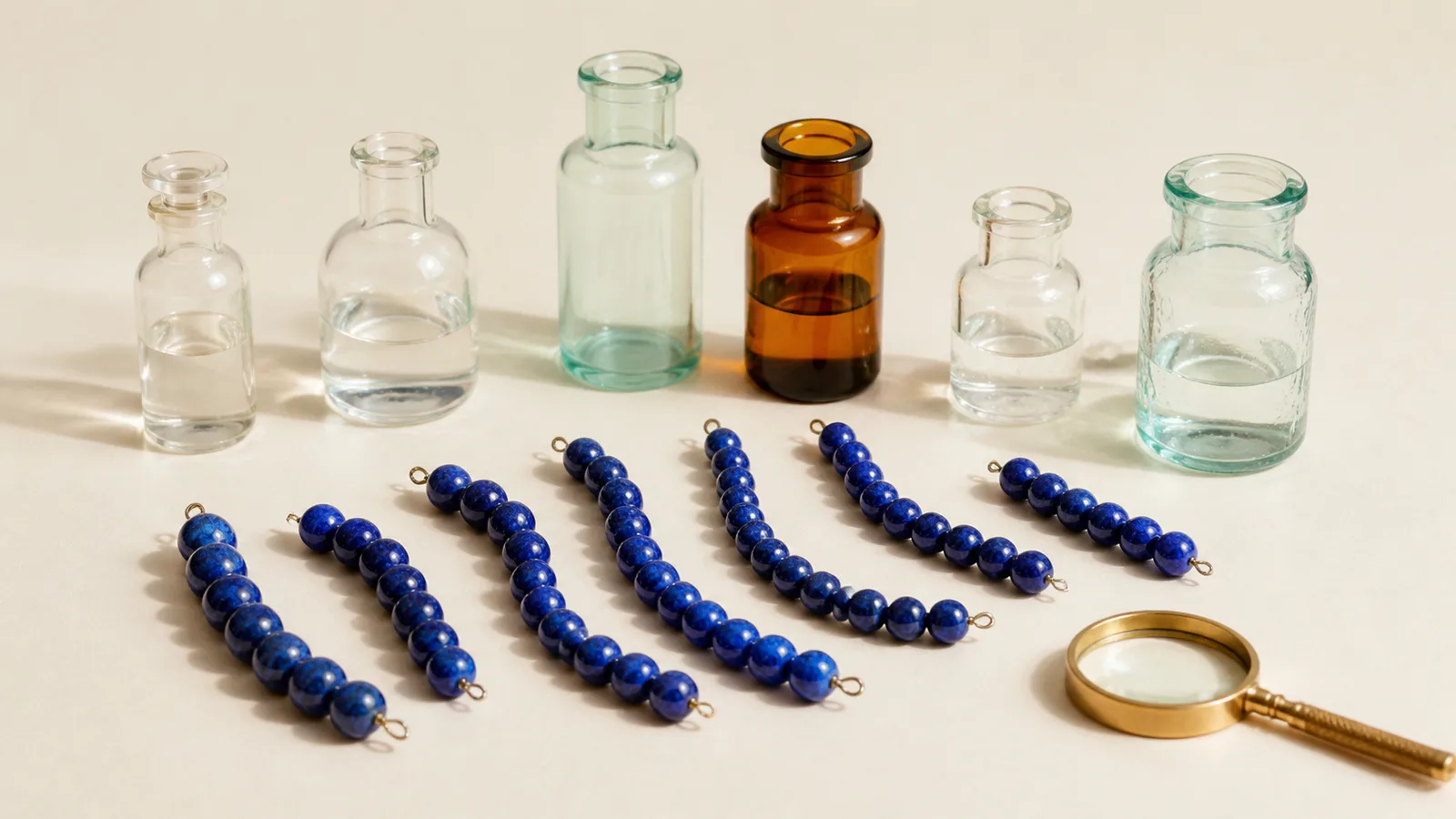 Separate cobalt bead chains arranged below unlabeled glass vessels and a brass magnifying lens