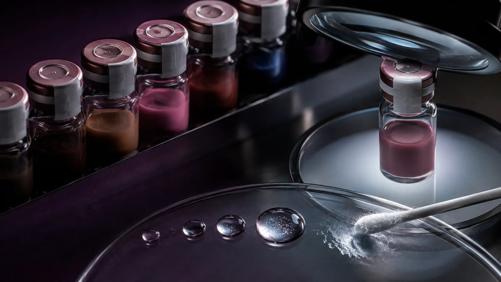 Sealed unbranded pigment vials and sterile droplets examined beneath an inspection lens