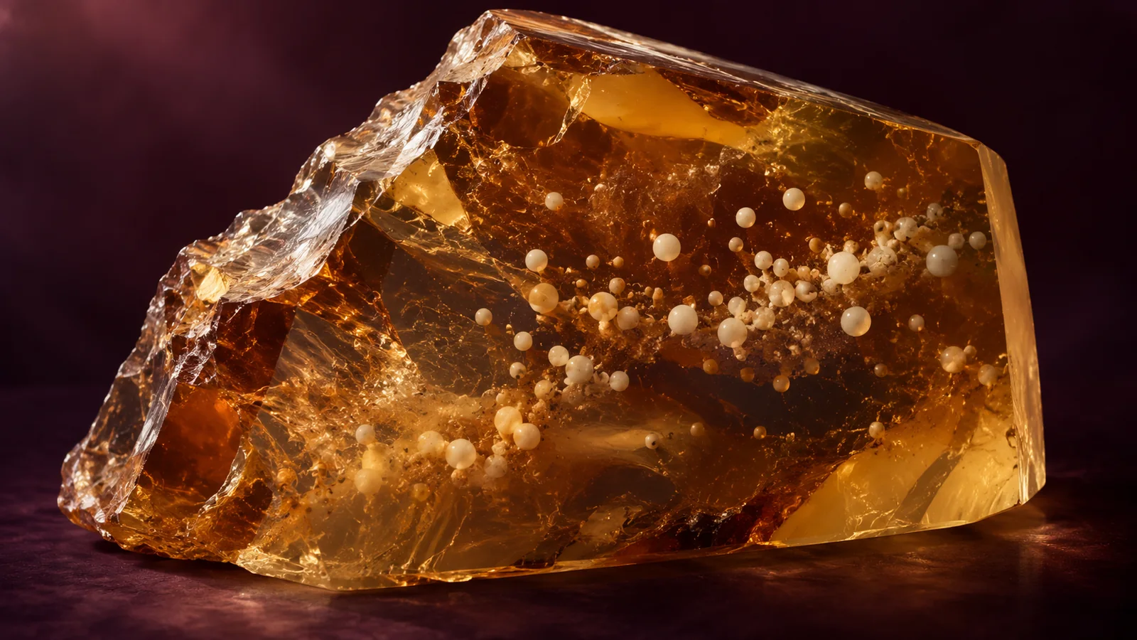 Ivory spheres embedded at different depths in translucent amber resin