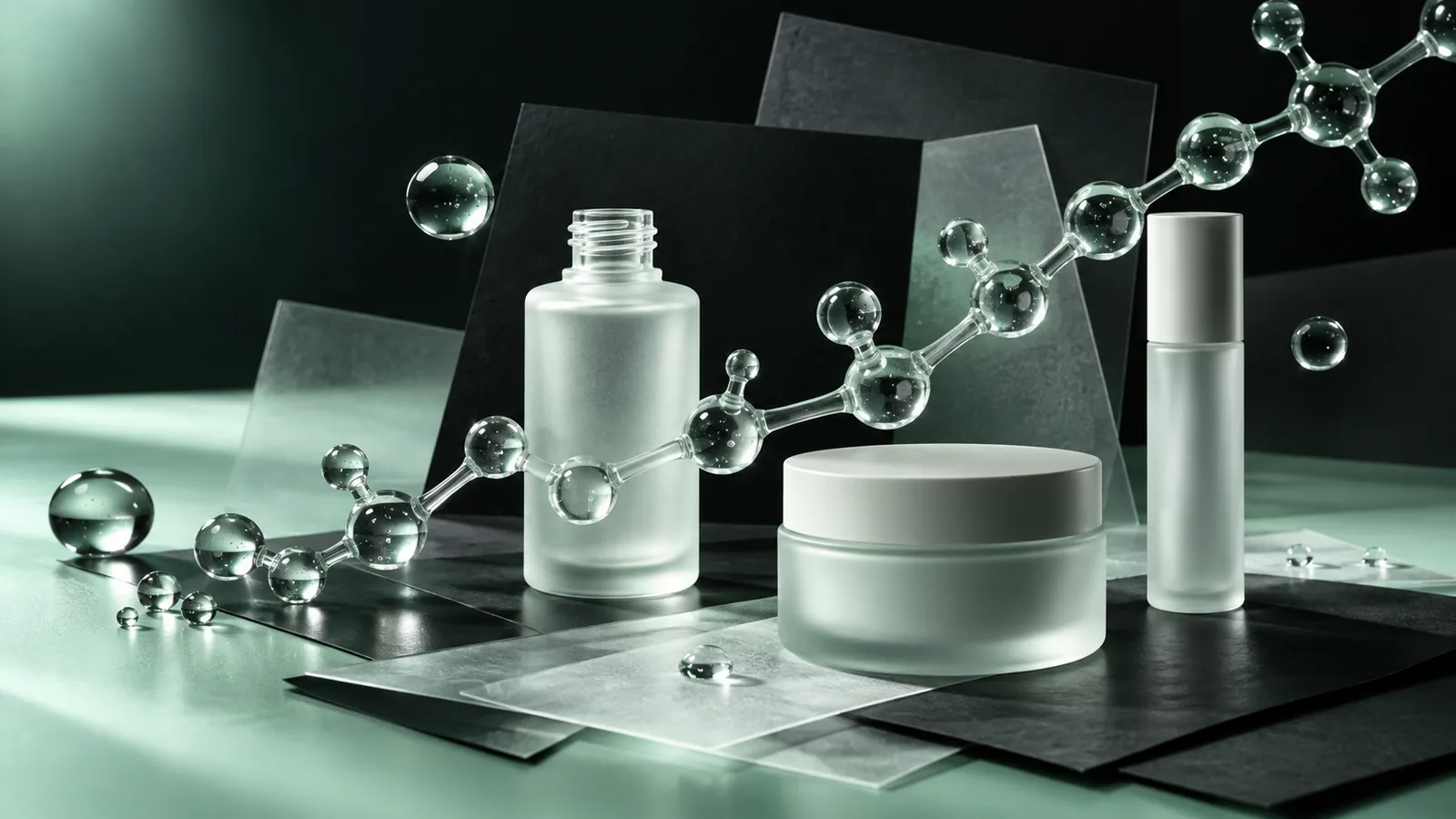 Unbranded cosmetic vessels, droplets, a translucent molecular chain, and blank evidence layers