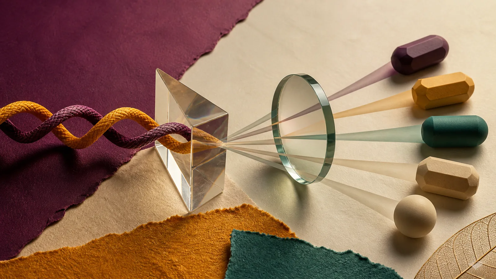 Two woven genetic strands passing through a glass prism and evidence lens before separating toward several colored forms