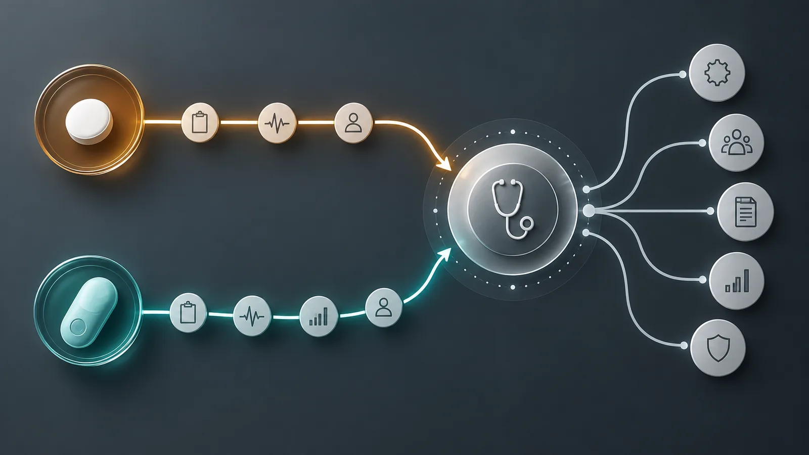An unbranded tablet path and injection-pen path entering two distinct monitored care timelines