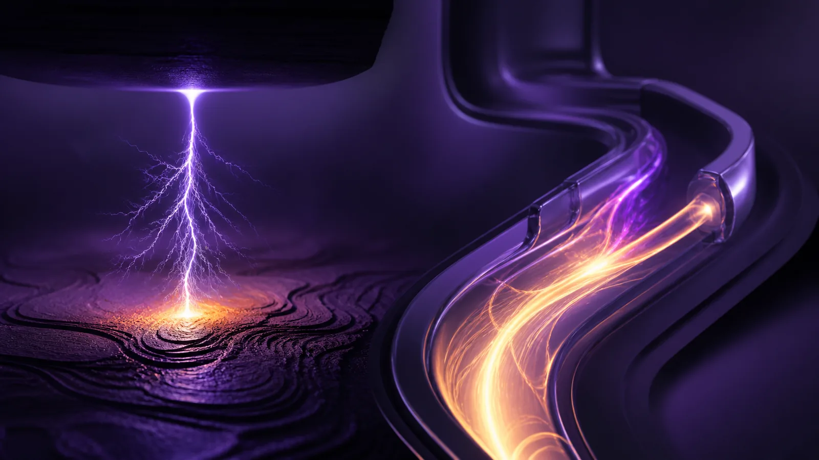 A small atmospheric arc above one surface beside a separate illuminated energy channel beneath layered material