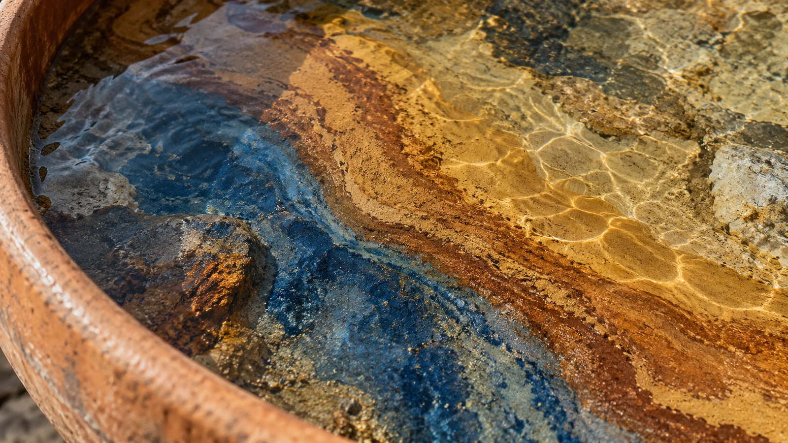 Blue and ochre mineral sediment beneath clear water in an earthenware basin