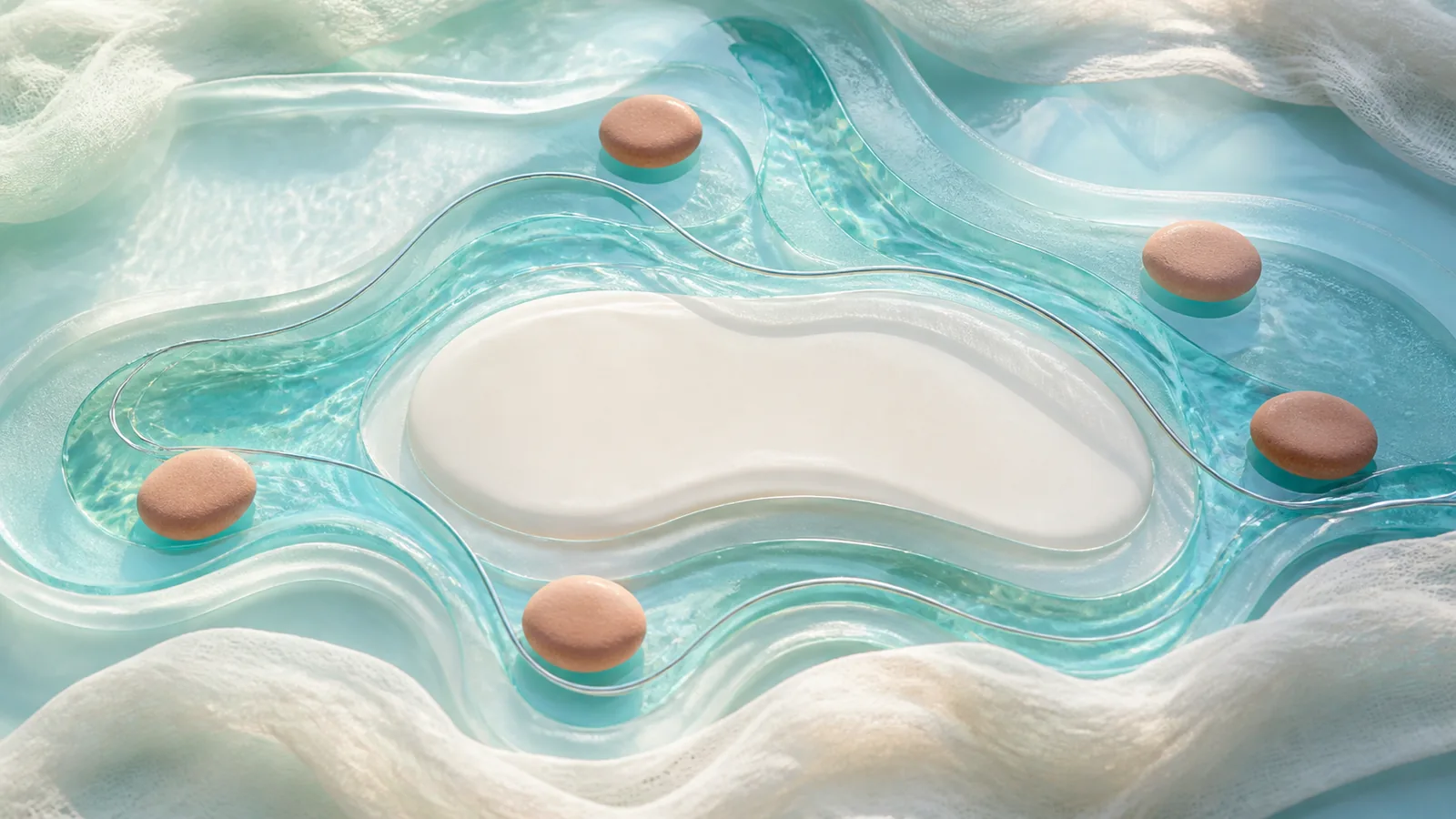 Layered translucent fluid pathways moving around a calm central recovery contour