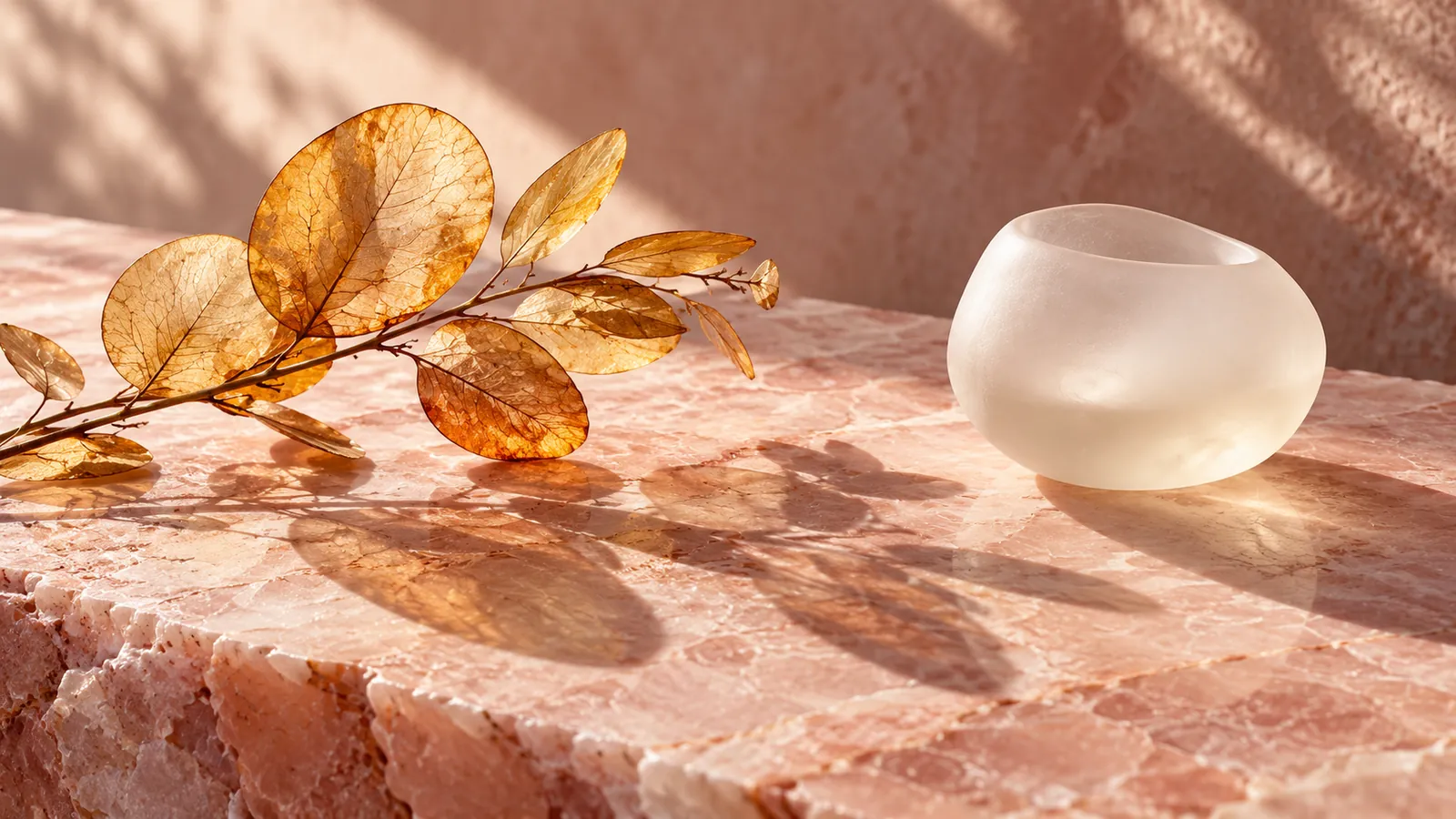 A white vessel beside delicate amber leaves on a rose-colored stone surface