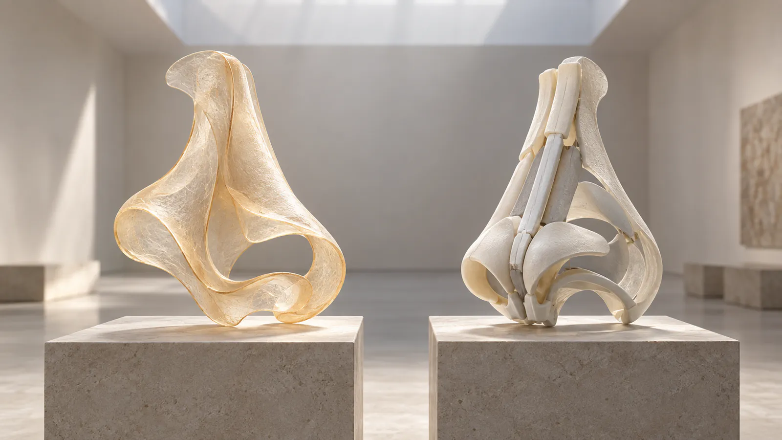 Two contrasting translucent sculptural nasal cartilage frameworks