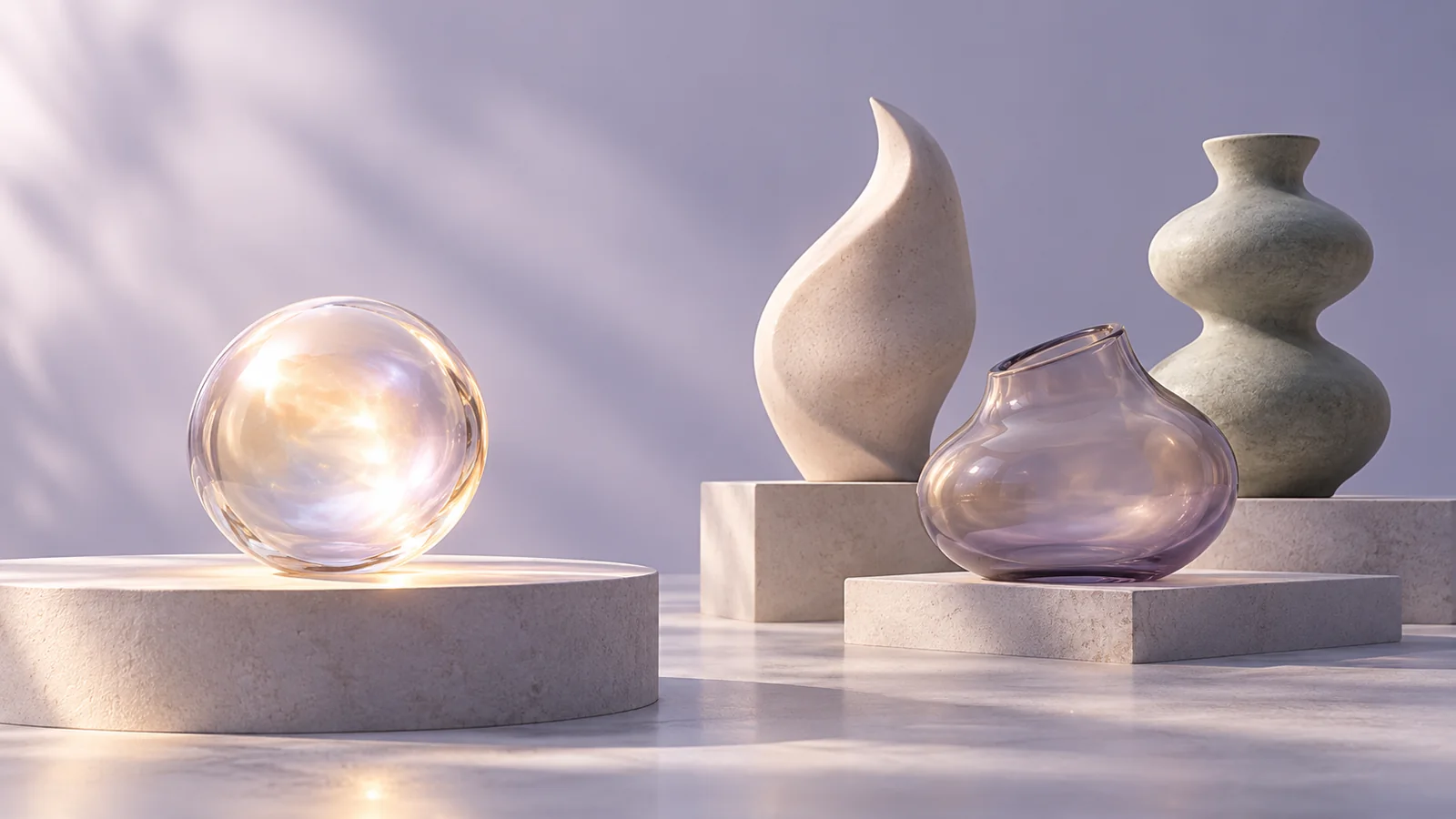 One smooth luminous glass sphere opposite several distinct small ceramic forms