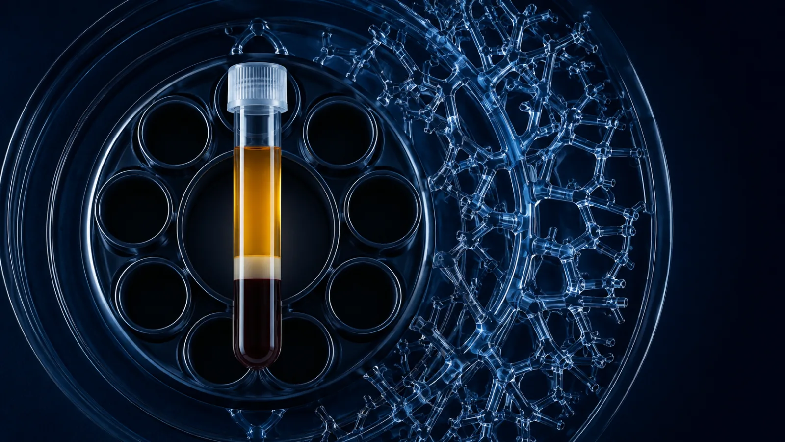 Golden plasma layer in a clear centrifuge tube beside an abstract blue vascular lattice