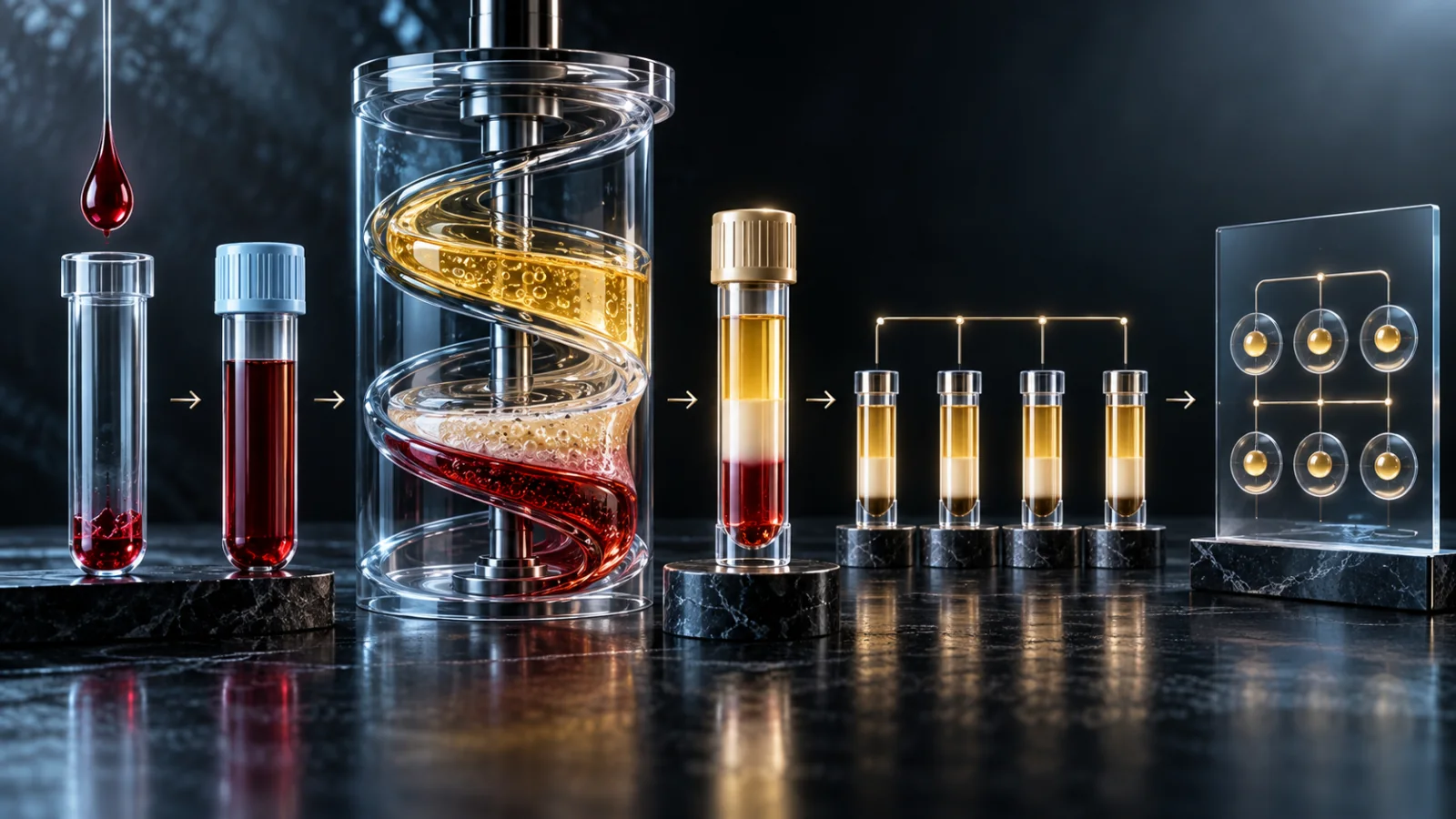 A blood draw separated into tube, centrifuge, final preparation, delivery route, session, and full treatment-plan ledger