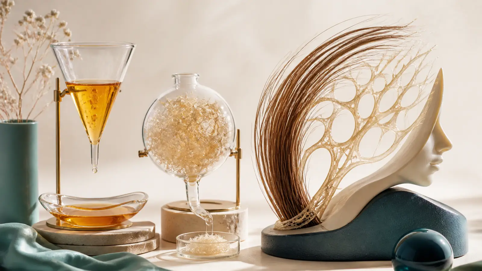 Amber liquid and a denser golden lattice branching toward abstract hair and skin forms