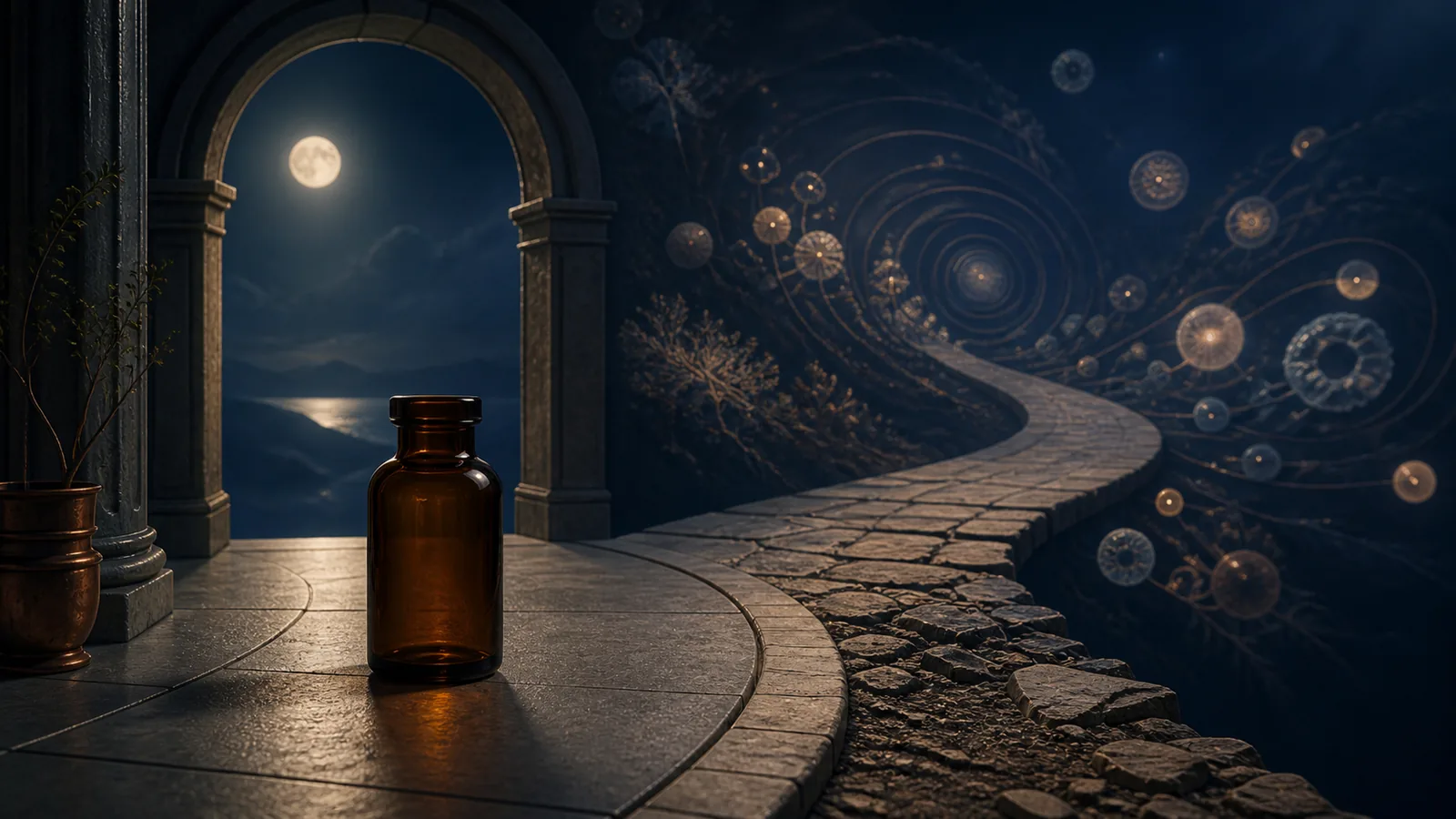 A precise medicine vessel crossing from an approved-use path toward an unfinished human-research horizon