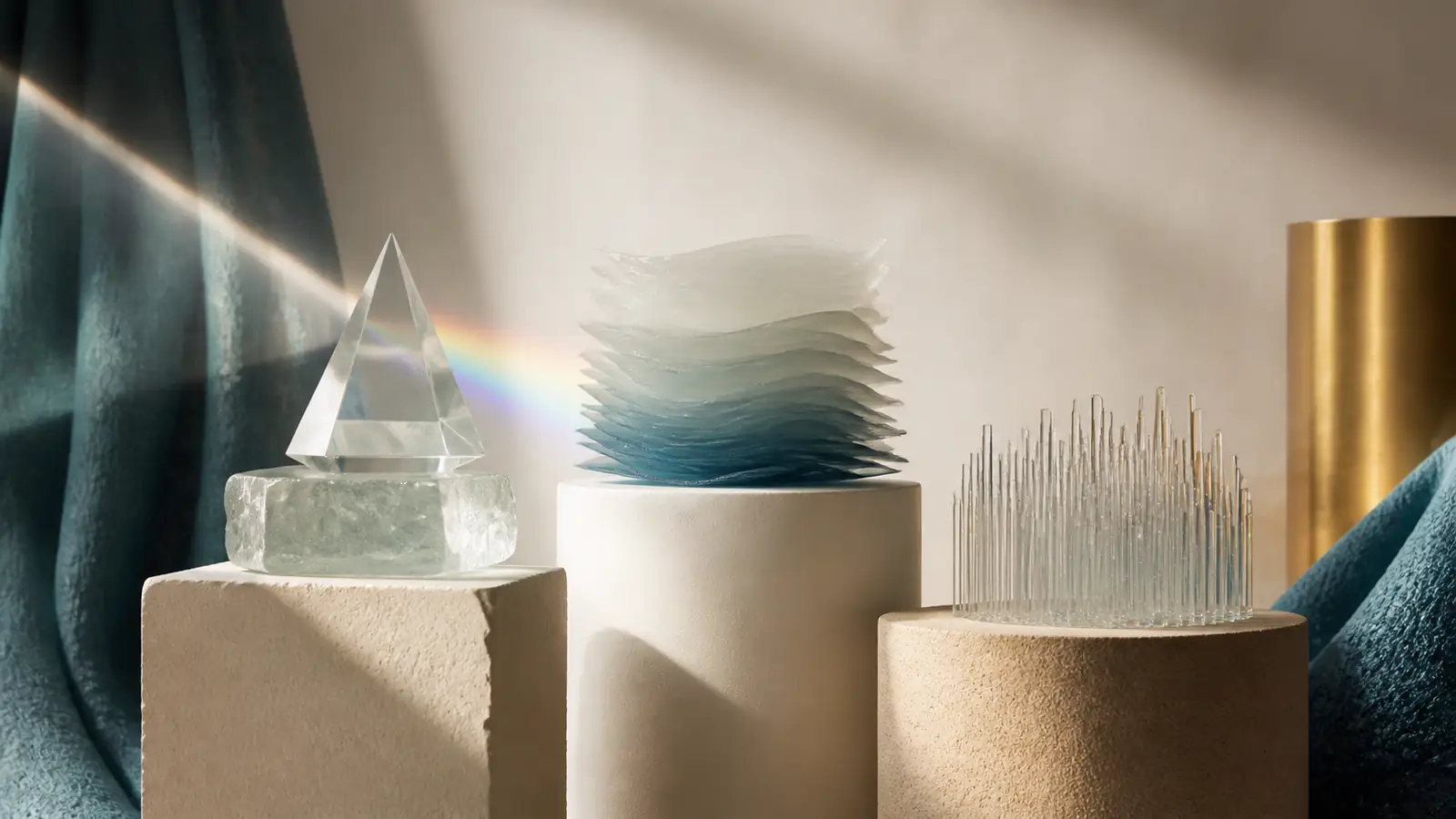 Light prism, layered translucent sheets, and fine glass pins on three pedestals