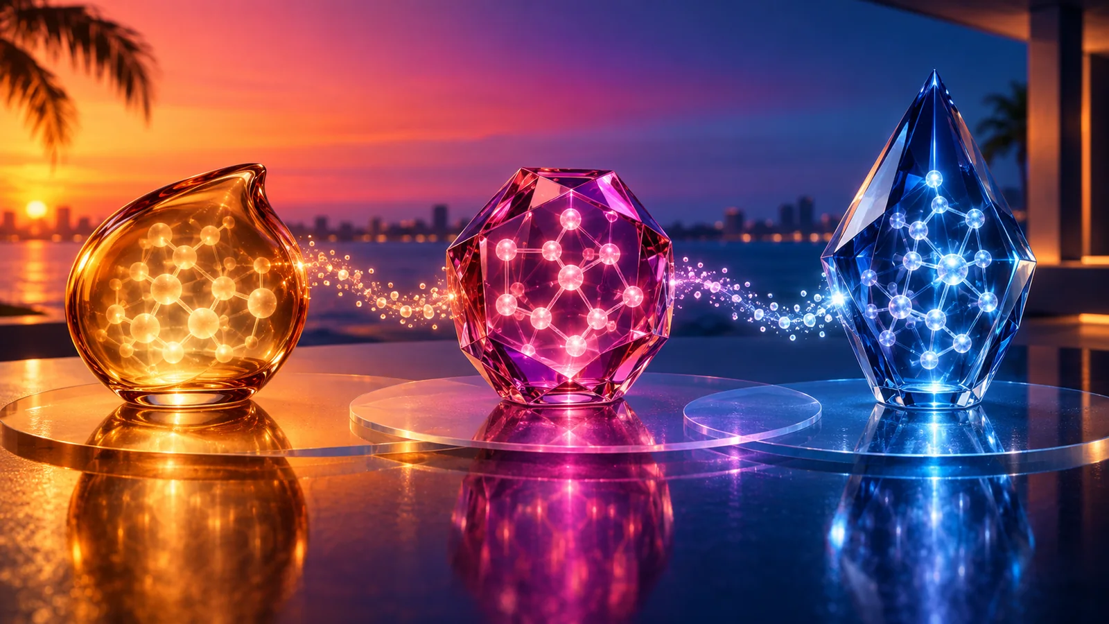 Three luminous formulation vessels arranged across a molecular conversion and evidence gradient
