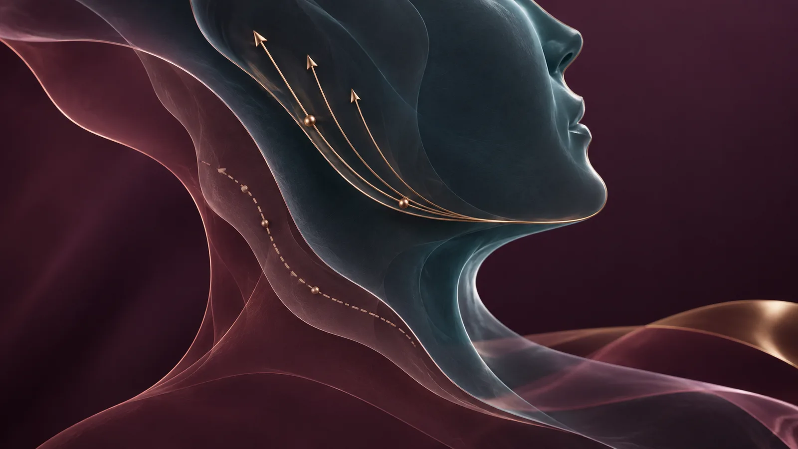 Two layered facial contour maps with an earlier scar path beneath a new measured lifting vector