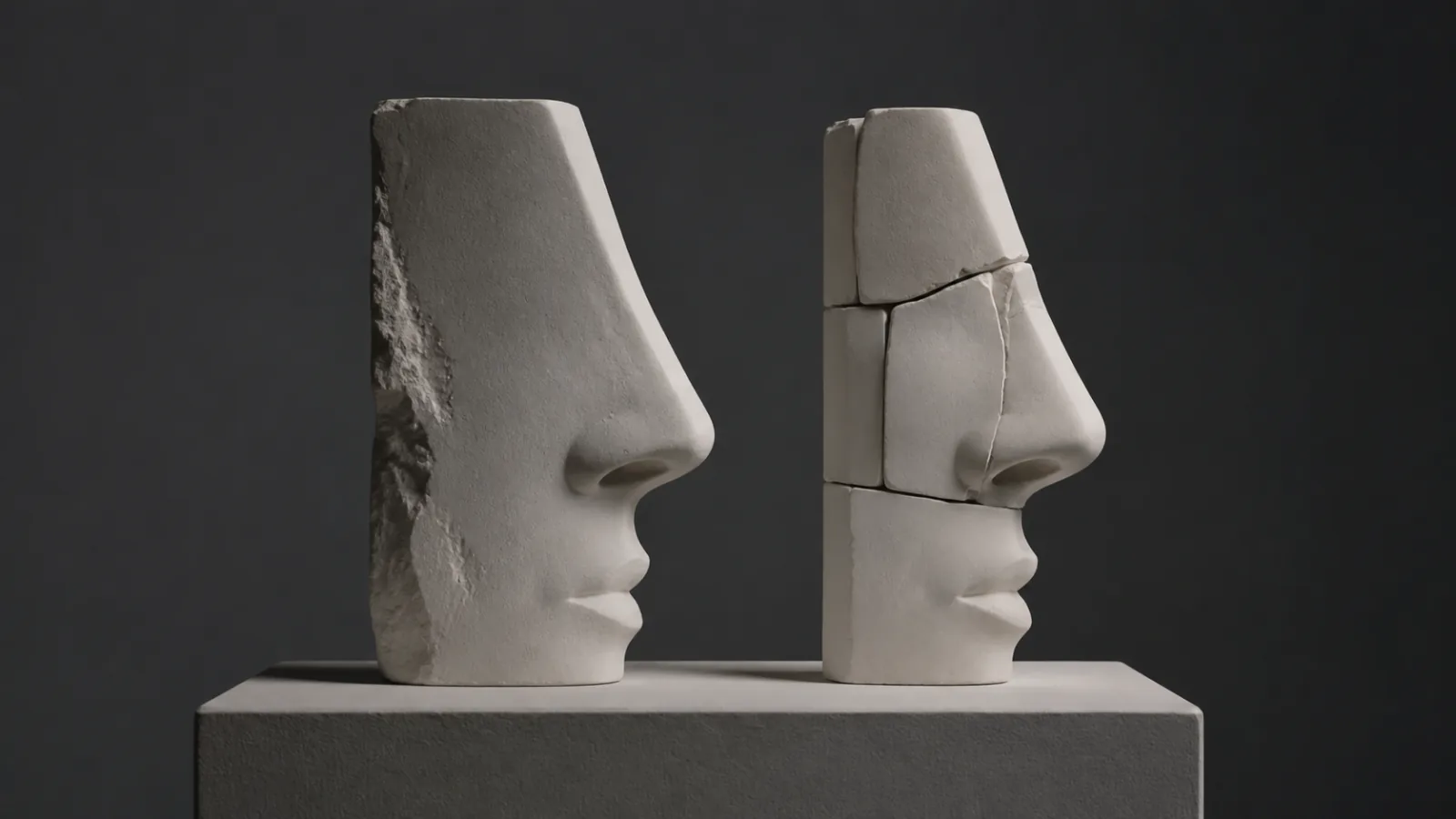 Two abstract profile sculptures, one carved from one block and one assembled from fitted sections