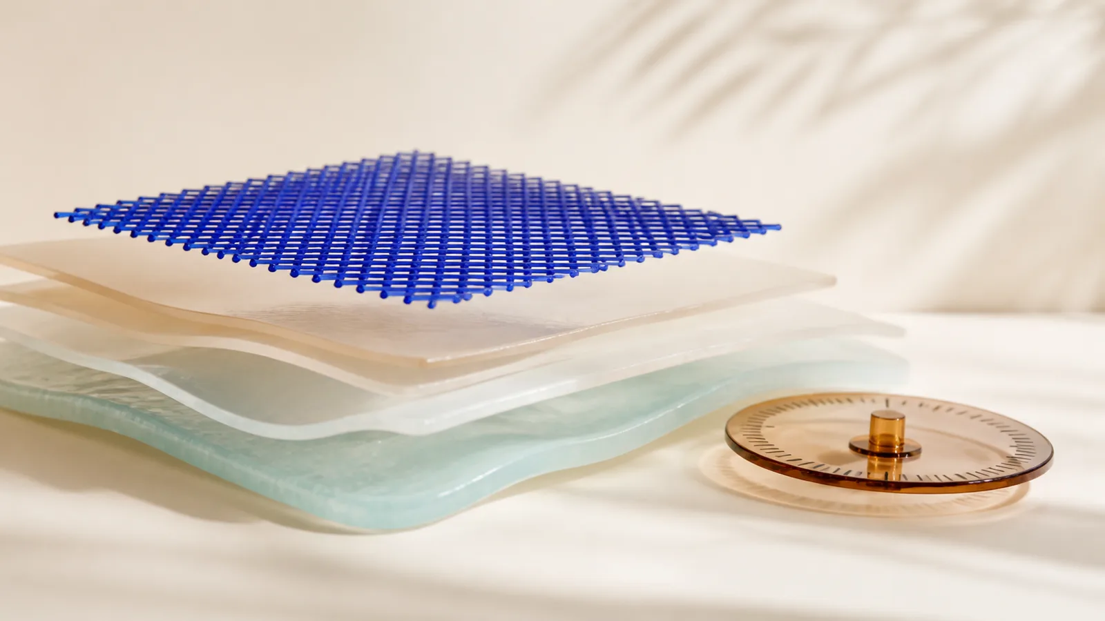 Cobalt lattice above layered translucent materials beside an amber calibration dial