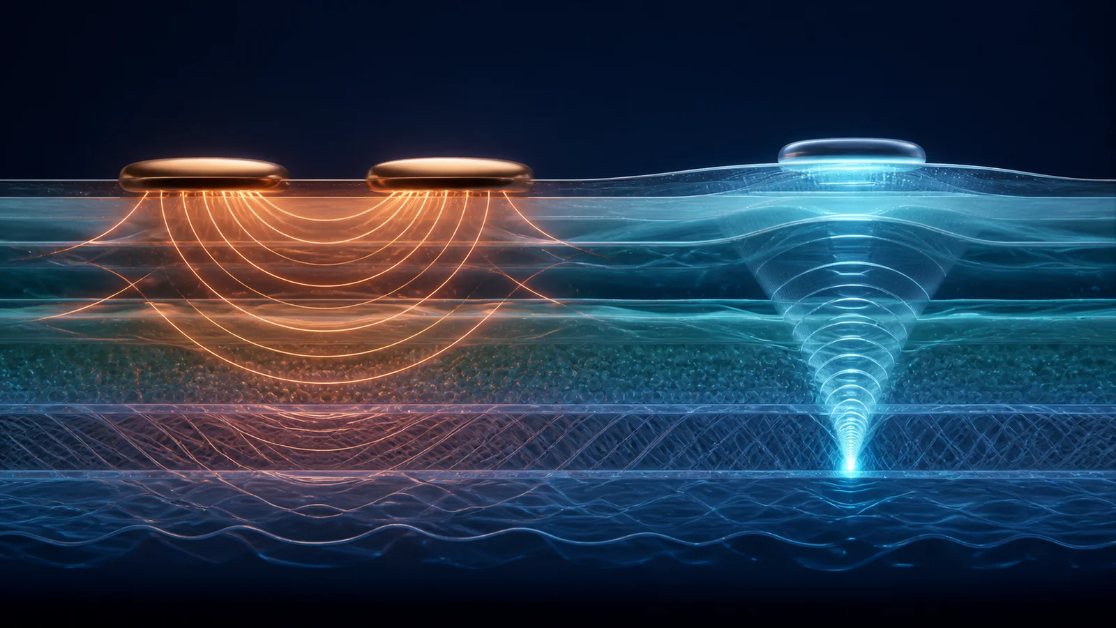 Radio waves and focused acoustic arcs converging at different depths beneath layered material