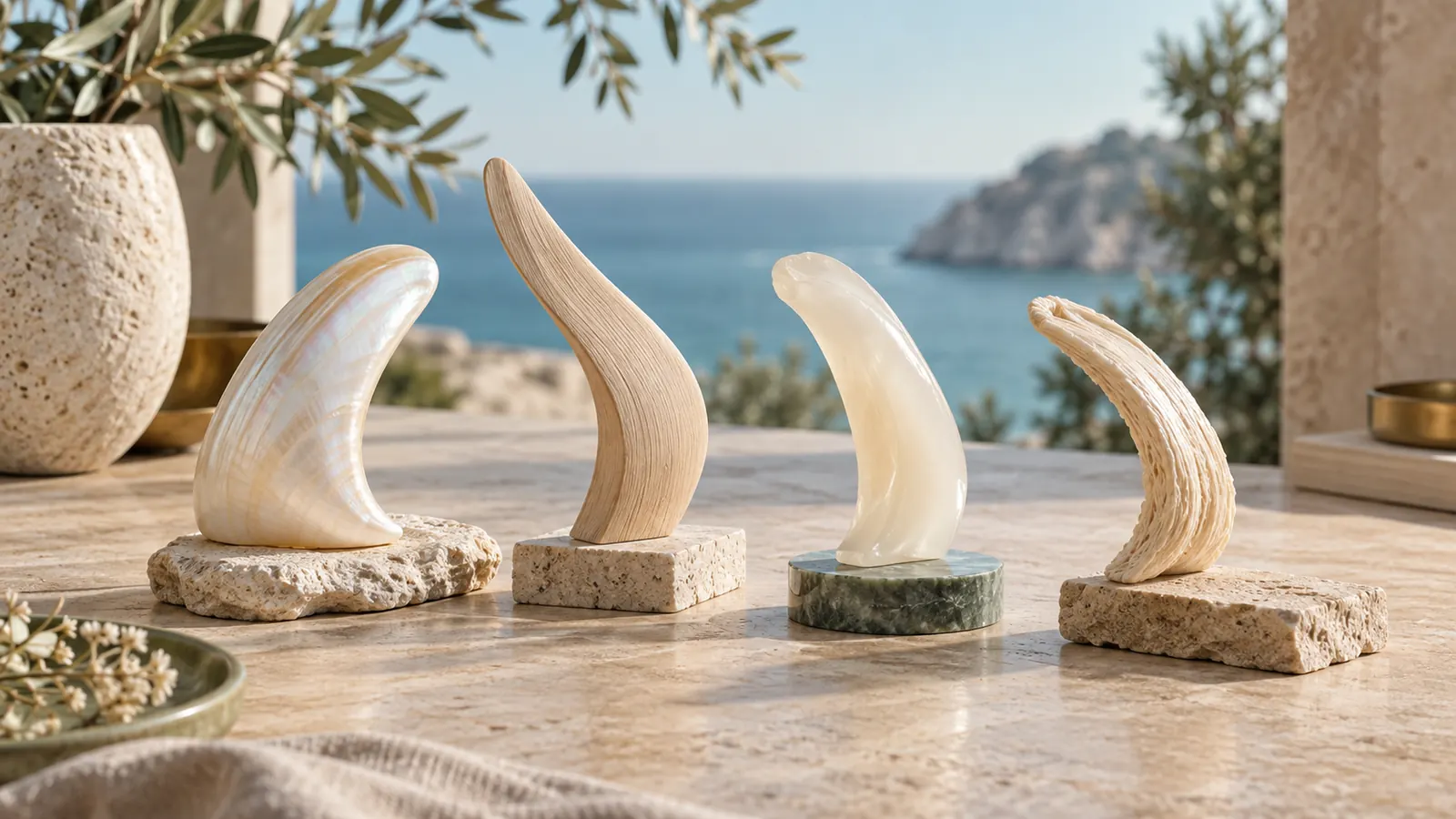 Four curved ivory structural forms arranged as a surgical material library on a neutral surface