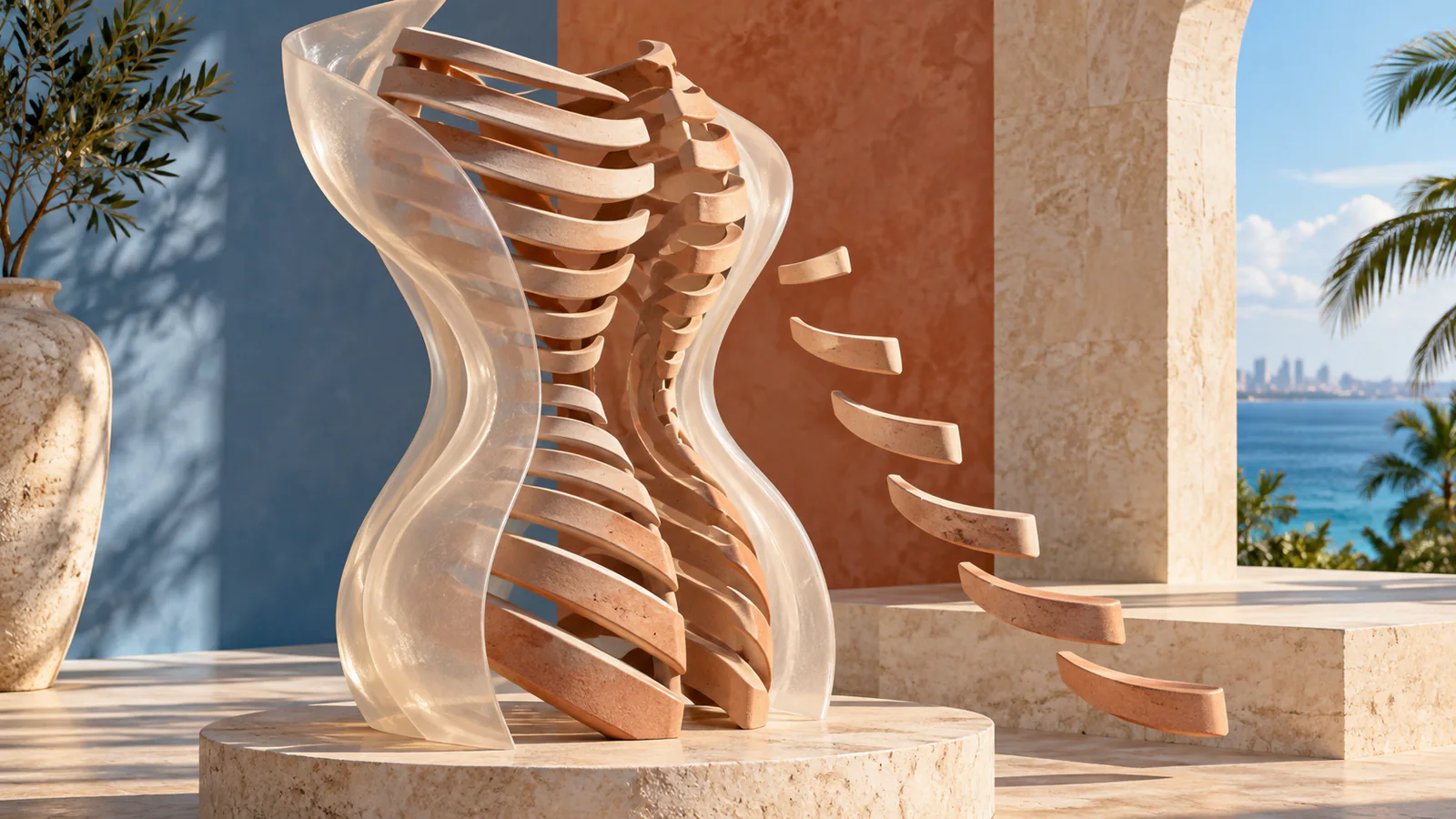 Sculptural torso-cage abstraction separating rib reshaping, segment removal, and soft-tissue contour layers