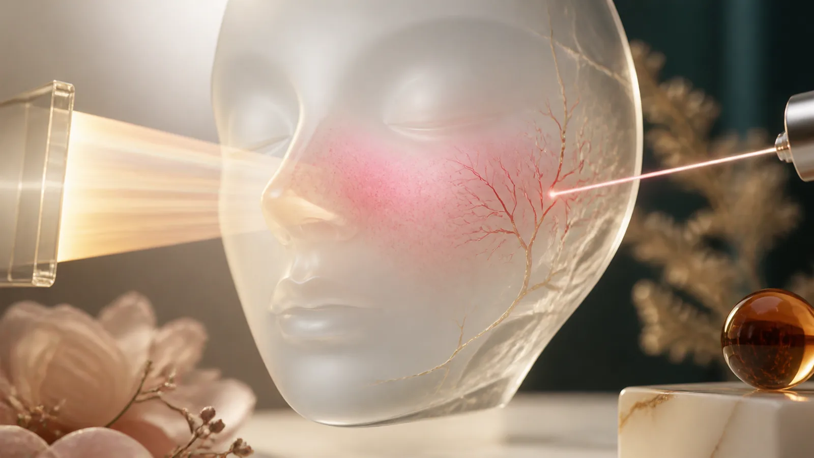A delicate abstract facial map of diffuse warmth and branching vessels meeting two controlled light paths