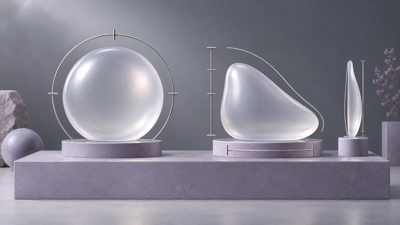 Two abstract implant silhouettes surrounded by separate controls for shape, surface, fill, profile, and pocket