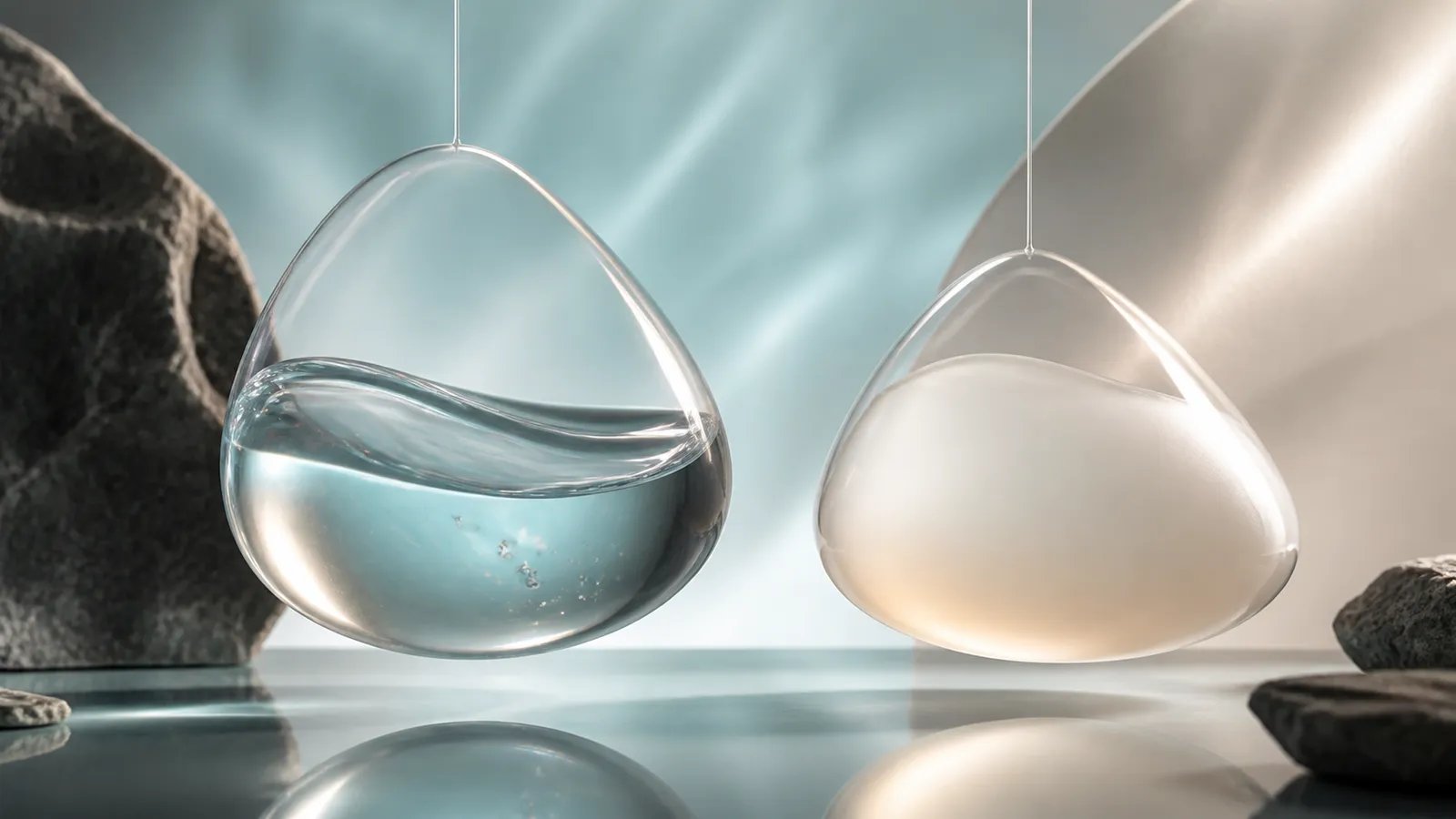 Two abstract translucent breast implant shells showing fluid and cohesive gel material behavior