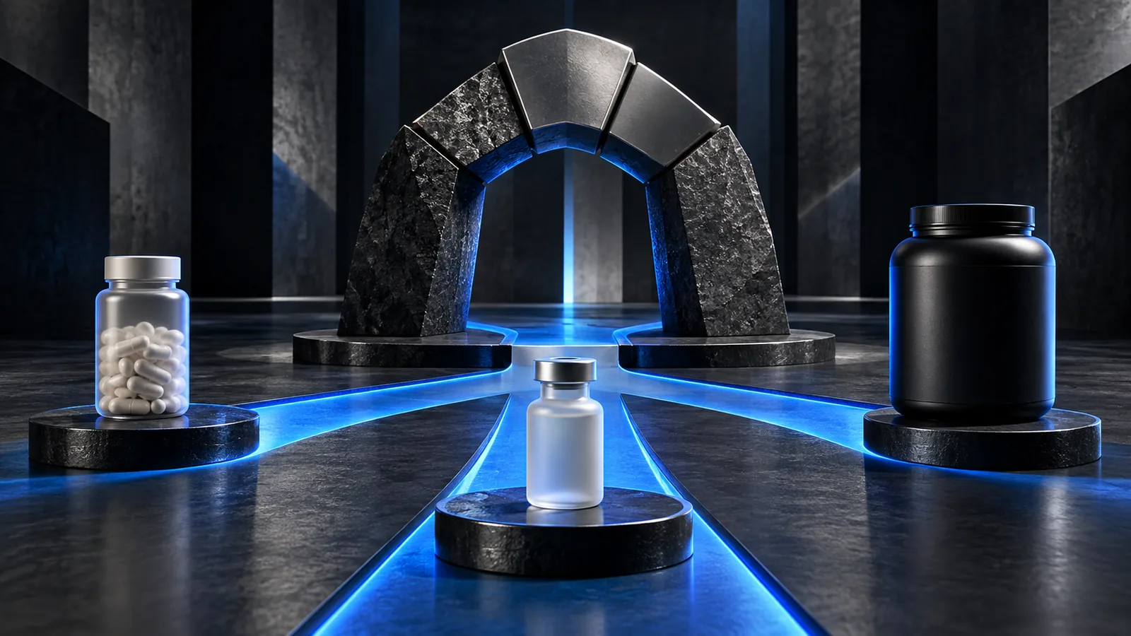 Three unbranded product paths around an abstract sculptural strength form