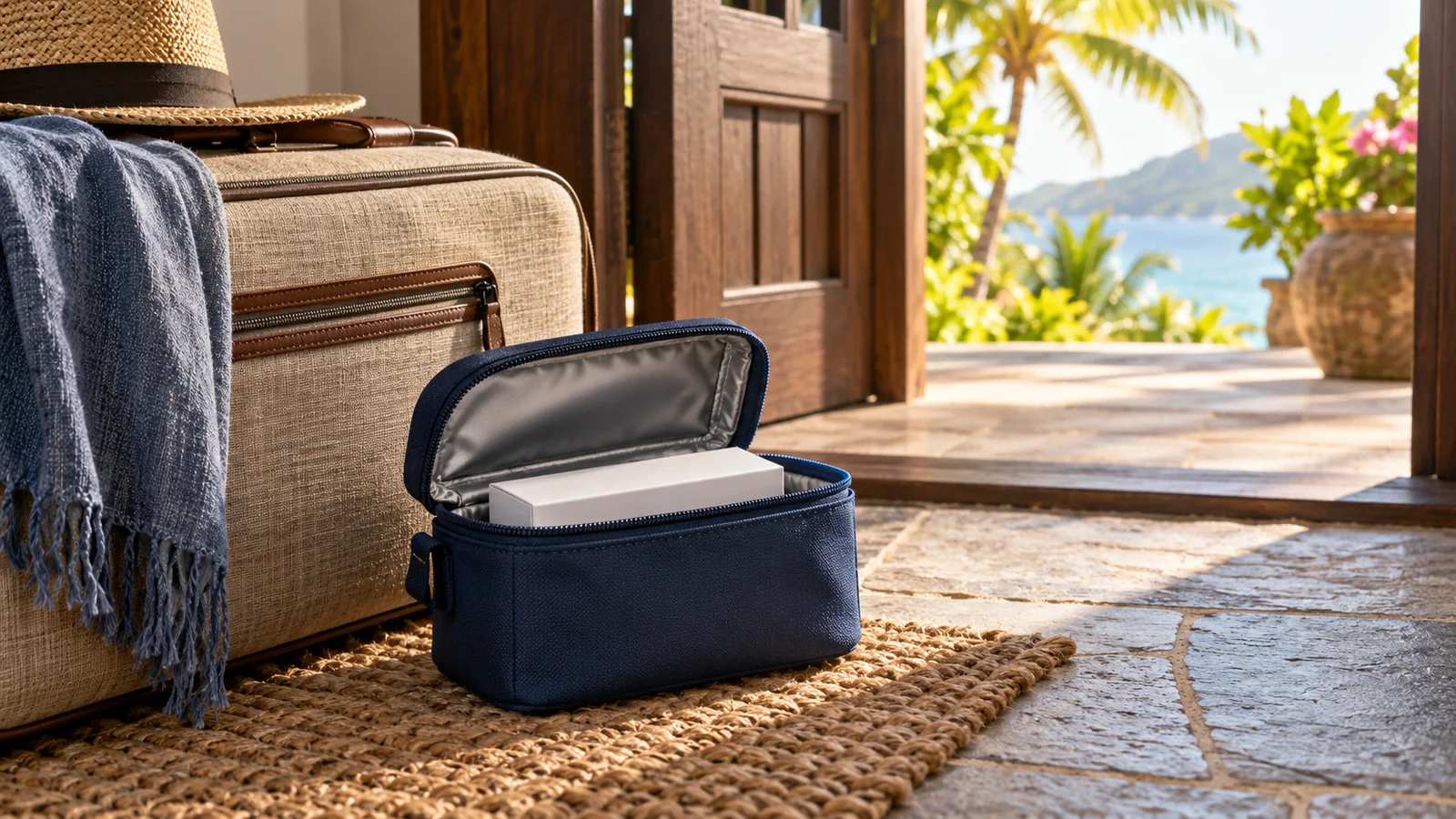 An insulated navy pouch with a plain carton beside a suitcase