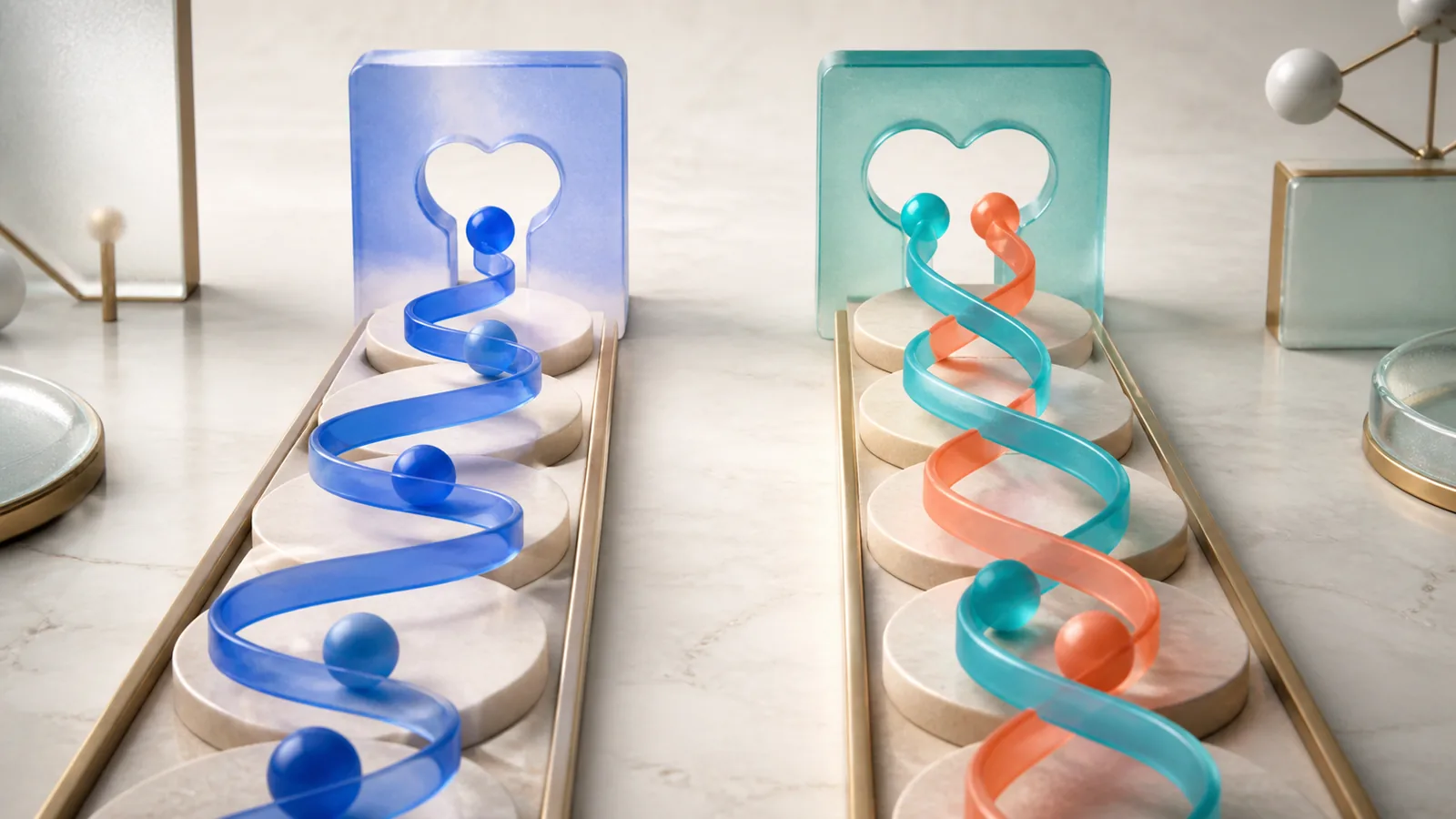 Two distinct molecular pathways winding through separate blue and coral treatment chambers